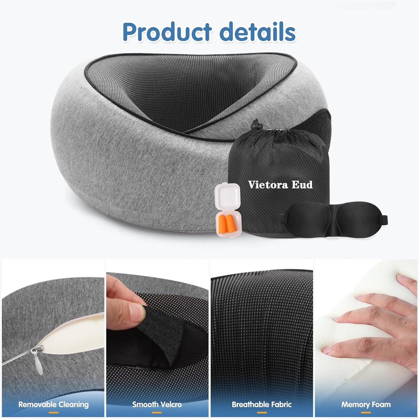 Travel Neck Pillow, Memory Foam Neck Support for Airplane, Car & Office, Breathable Portable Design with Eye Mask, Earplug Holder & Carry Bag, for Men&Women