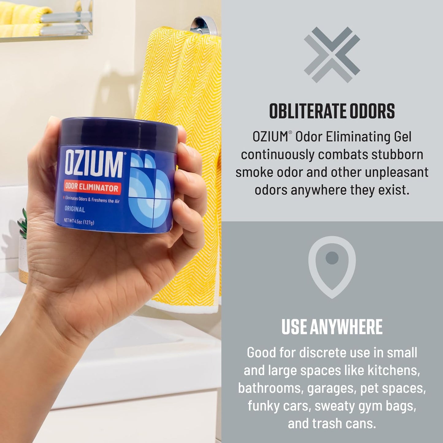 Ozium Odor Eliminating Gel - 4.5oz Air Freshener Alternative for Smoke, Pets, and Musty Odors - Long Lasting Odor Remover for Cars, Homes, Closets and Small Spaces - New Car (Pack of 4)