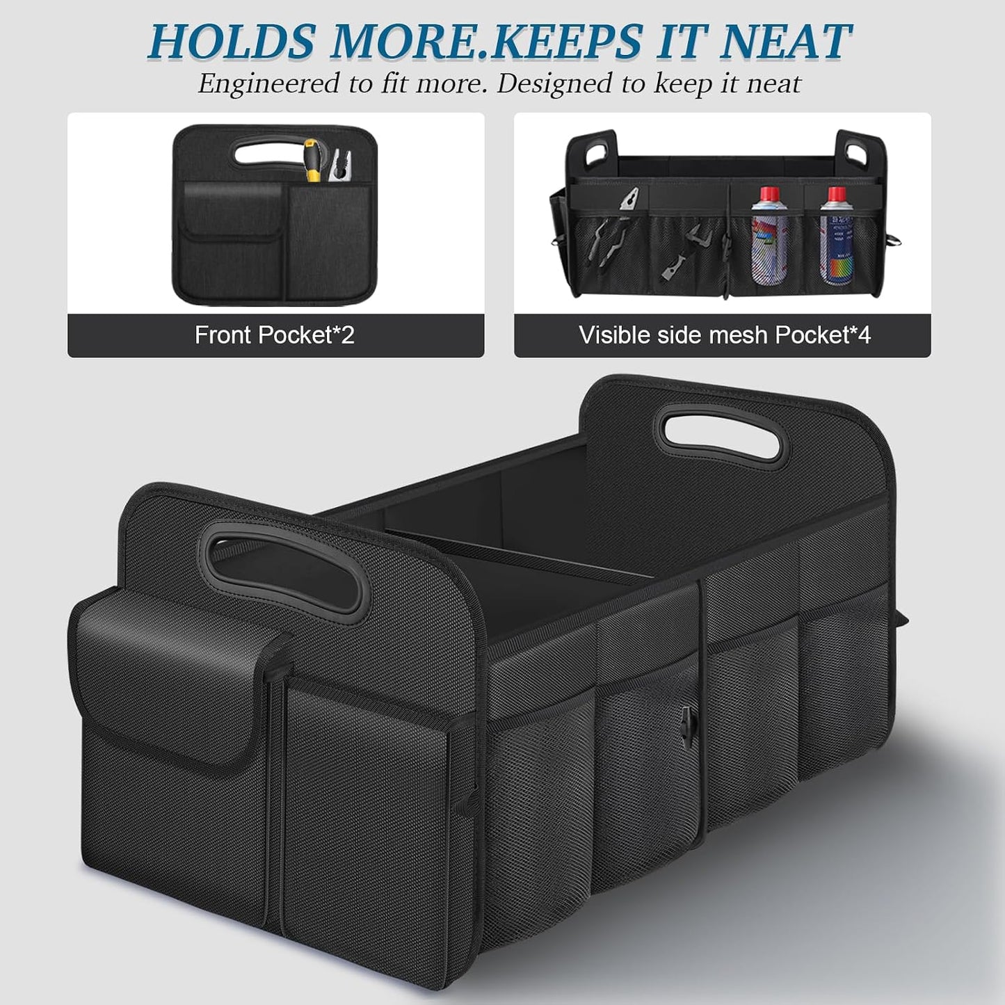 Trunk Organizer, Collapsible Waterproof car Trunk Organizer for SUVs & Sedans, Car Storage Organizers with Reinforced Handles, Car Accessories for Women and Men, 2 Compartments, 52L, Black