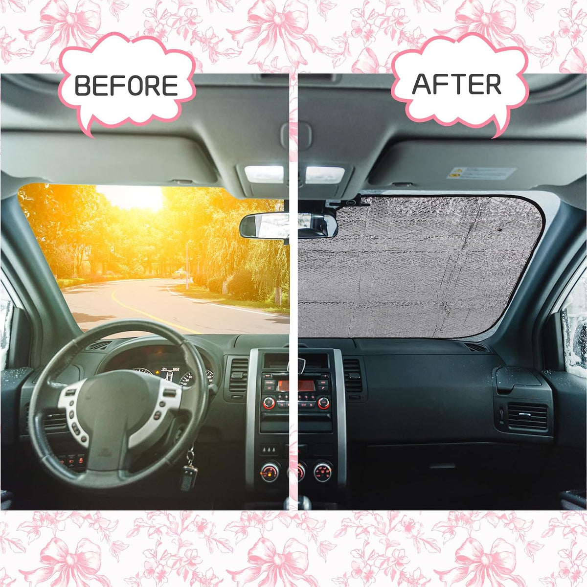 DaisyInner Pink Floral Car Windshield Sun Shade Cute Bow Cars Visor Front Windshield Sun Protector to Keep Cooler Vehicle Automotive Sunshade Interior Heat and UV Protection 55 x 27.6 Inch