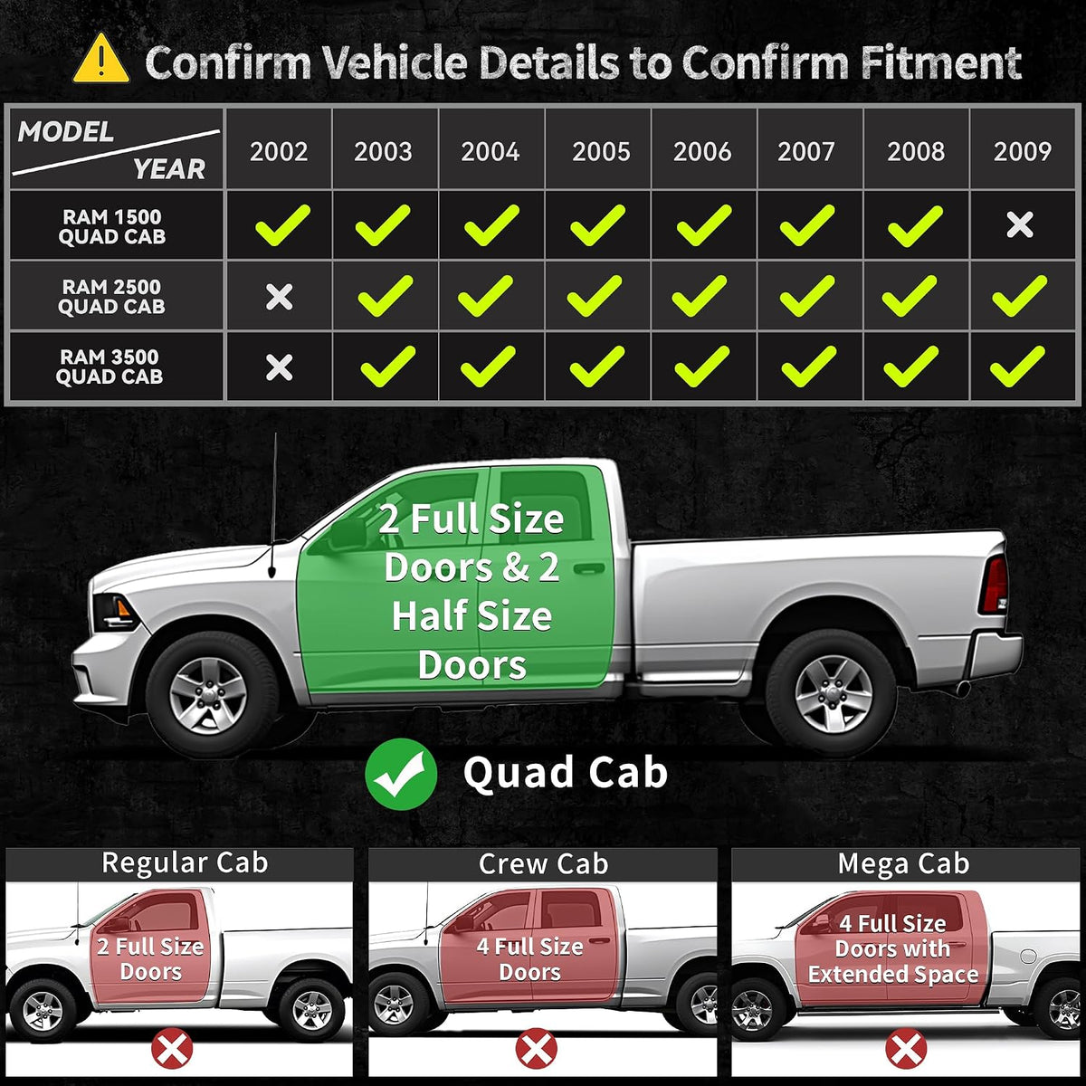 OEDRO Upgraded Floor Mats Fit for Dodge Ram 1500 Quad Cab 2002-2008, Dodge Ram 2500/3500 Quad Cab 2003-2009, All Weather TPE Floor Liners, Car Mats Tailored Fit Truck Accessories, 1st and 2nd Row