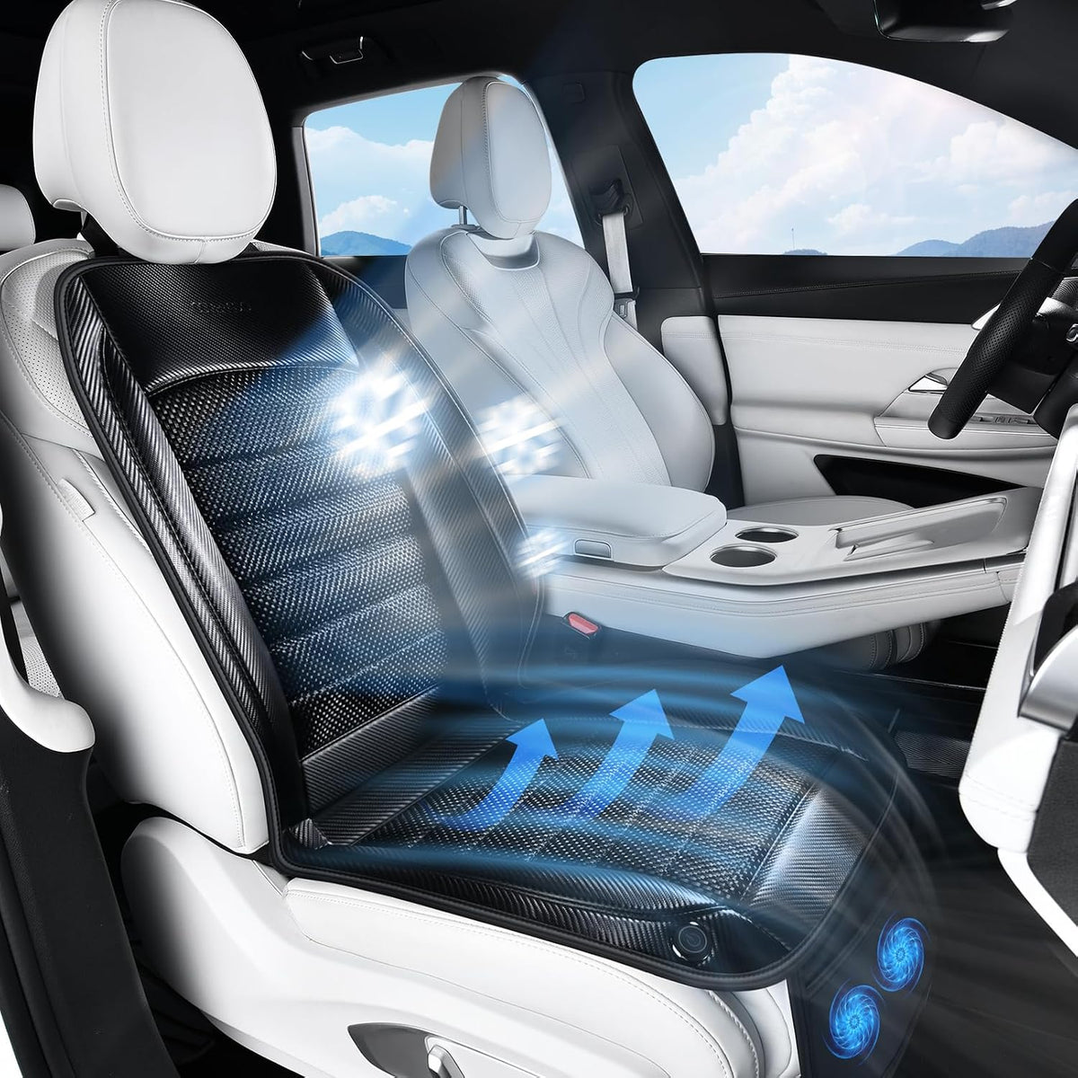 Coverado Cooling Car Seat Cover, Ventilated Seat Cushion for Summer, Cooling Car Seat Pad with Dual Powerful Turbo Fans Universal Fit for Sedan SUV Truck Van, Black