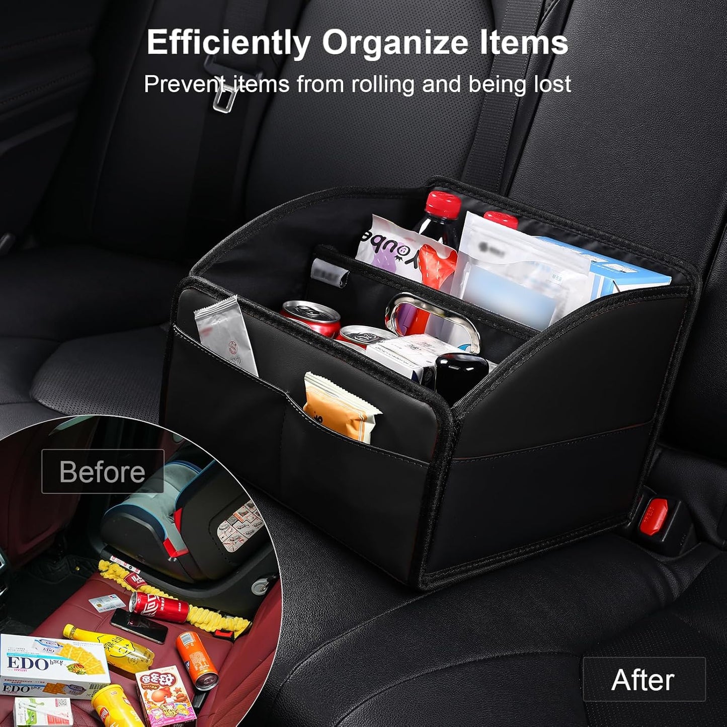 Car Storage Organizer [2025 UPDATED] Leather Car Caddy Basket for Front Seat Floor Back Seats Metal Handle 6 Compartments Adjustable Strap Buckles Slip-Resistant (Black)