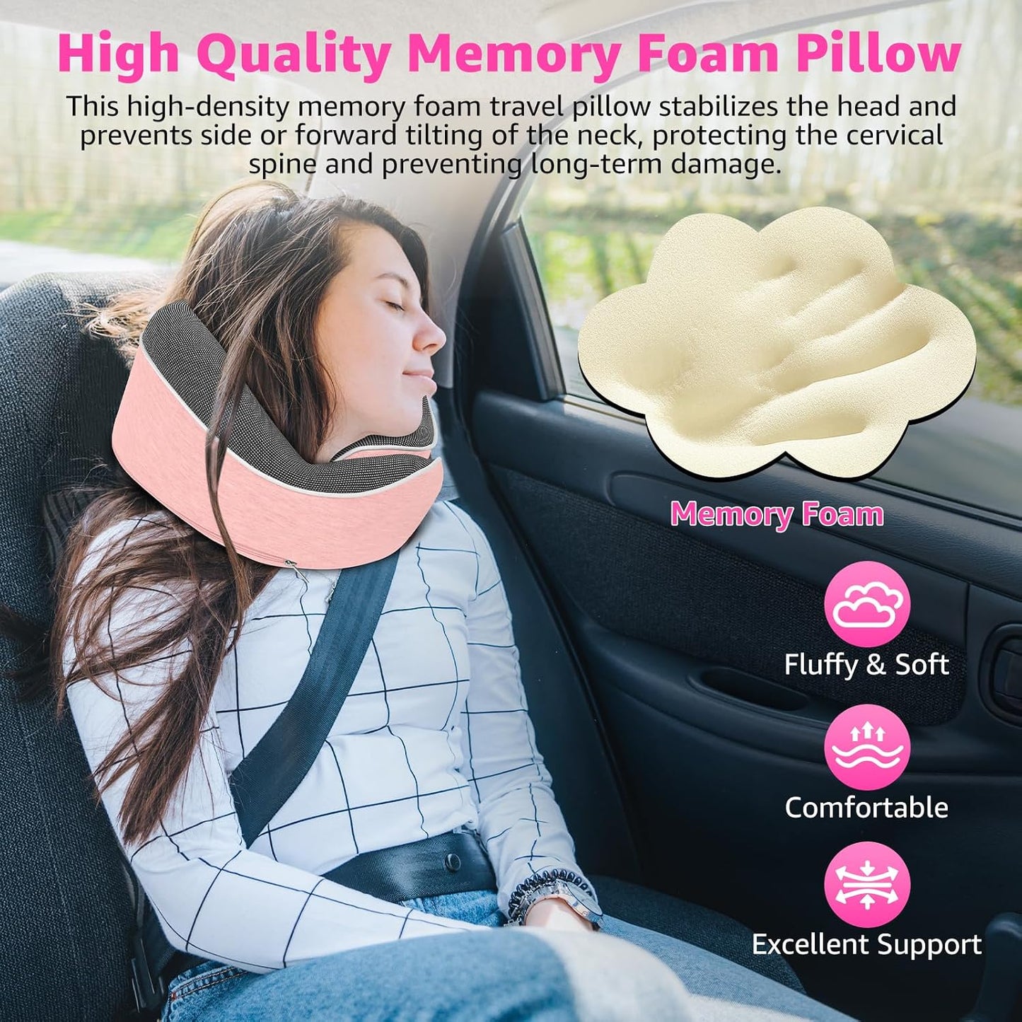 Travel Pillows for Airplanes Ergonomic Memory Foam Neck Pillow for Travel - 360° Head & Neck Support for Sleeping on Flights, Cars, Trains & Office (Pink-2)
