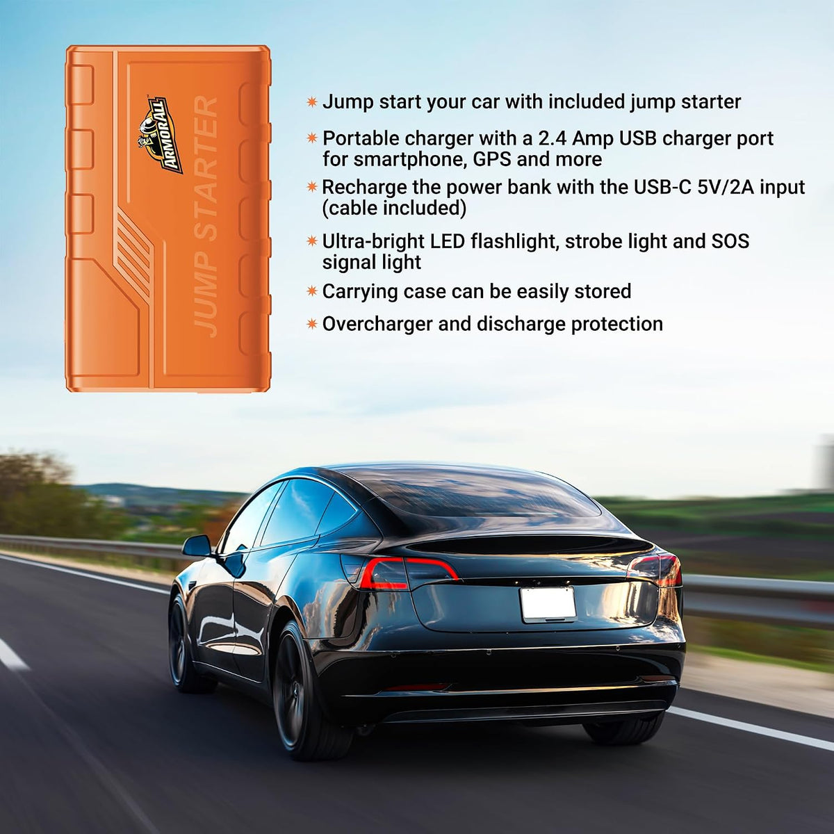 Armor All Car Jump Starter Emergency Power Bank Kit, 800 Amp Peak, 2.4 Amp Phone Charge USB Port, LED Light, Strobe, SOS, Overcharge & Discharge Protection, 7200mAh, For Cars Trucks Motorcycles & More