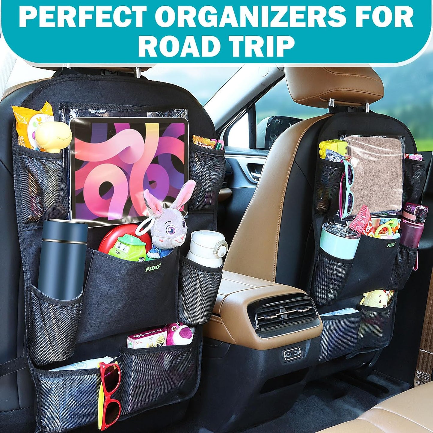 PIDO Backseat Car Organizer, 2 Pack Car Seat Organizer for Kids with Touch Screen Tablet Holder and 8 Pockets, Automotive Seat Back Kick Mat Made with Heavy Duty Fabric, Road Trip Essentials, Black