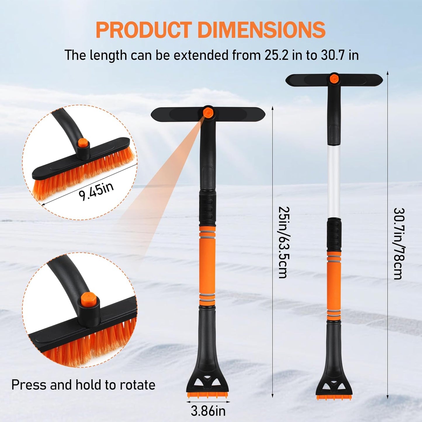 30.7" Snow Brush and Ice Scrapers for Car Windshield Detachable Snow Scrapers with Foam Grip 360° rotatable for Cars, Trucks, SUVs 1Pcs Orange