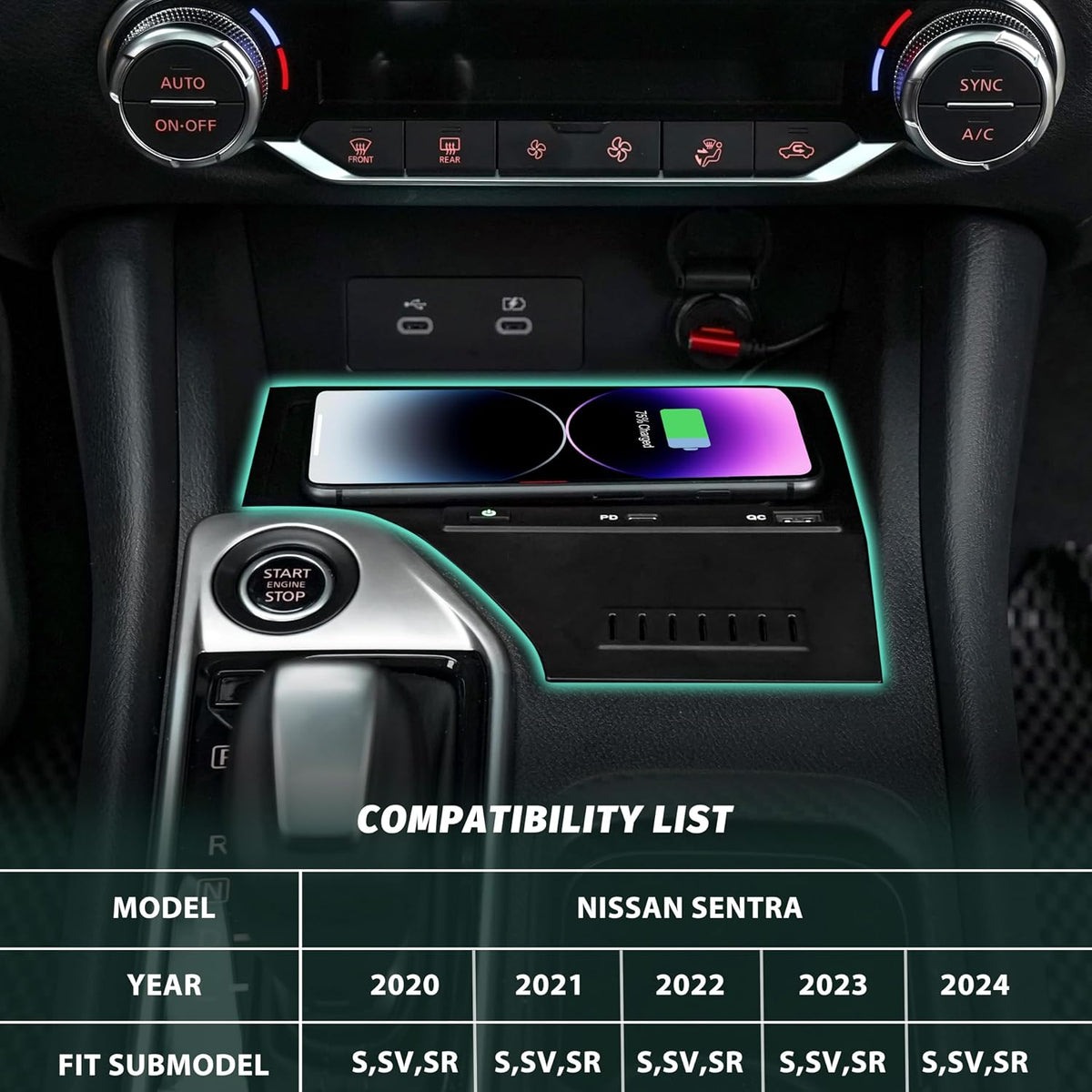 Phone Wireless Charger for 2020-2024 Nissan Sentra S, SV, SR