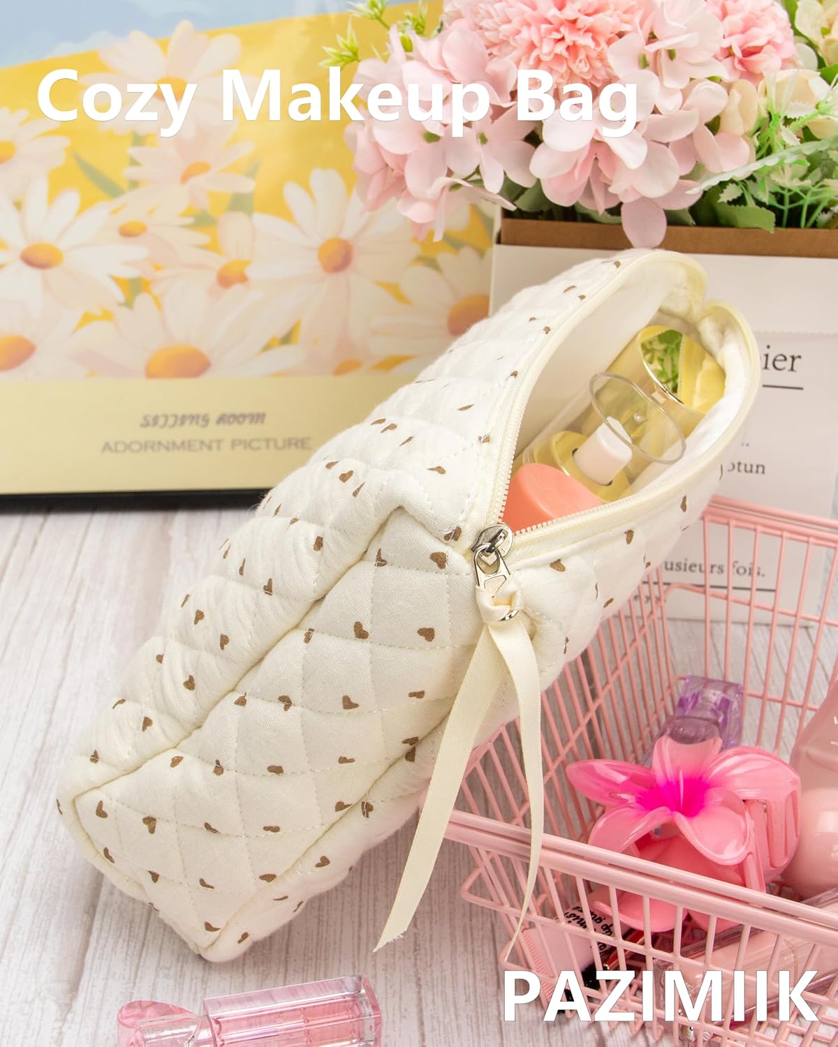 3 Piece Quilted Makeup Bag Set for Women,Cosmetic&Toiletry Bag,Gauze Heart