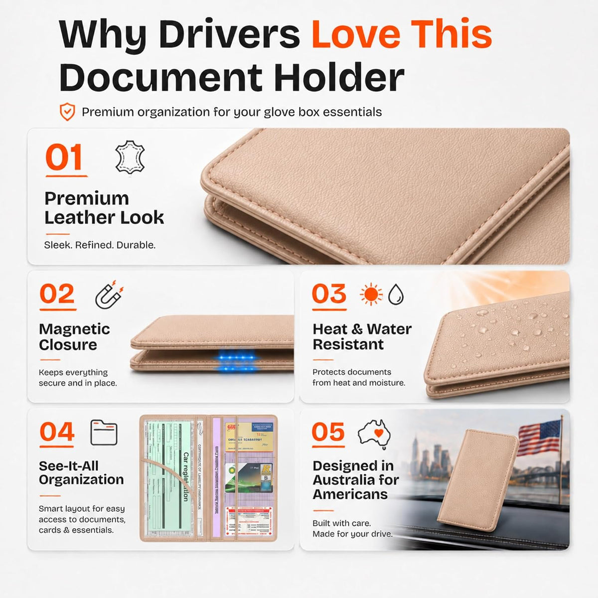 Car Registration and Insurance Card Holder,Beige Premium PU Leather Folder