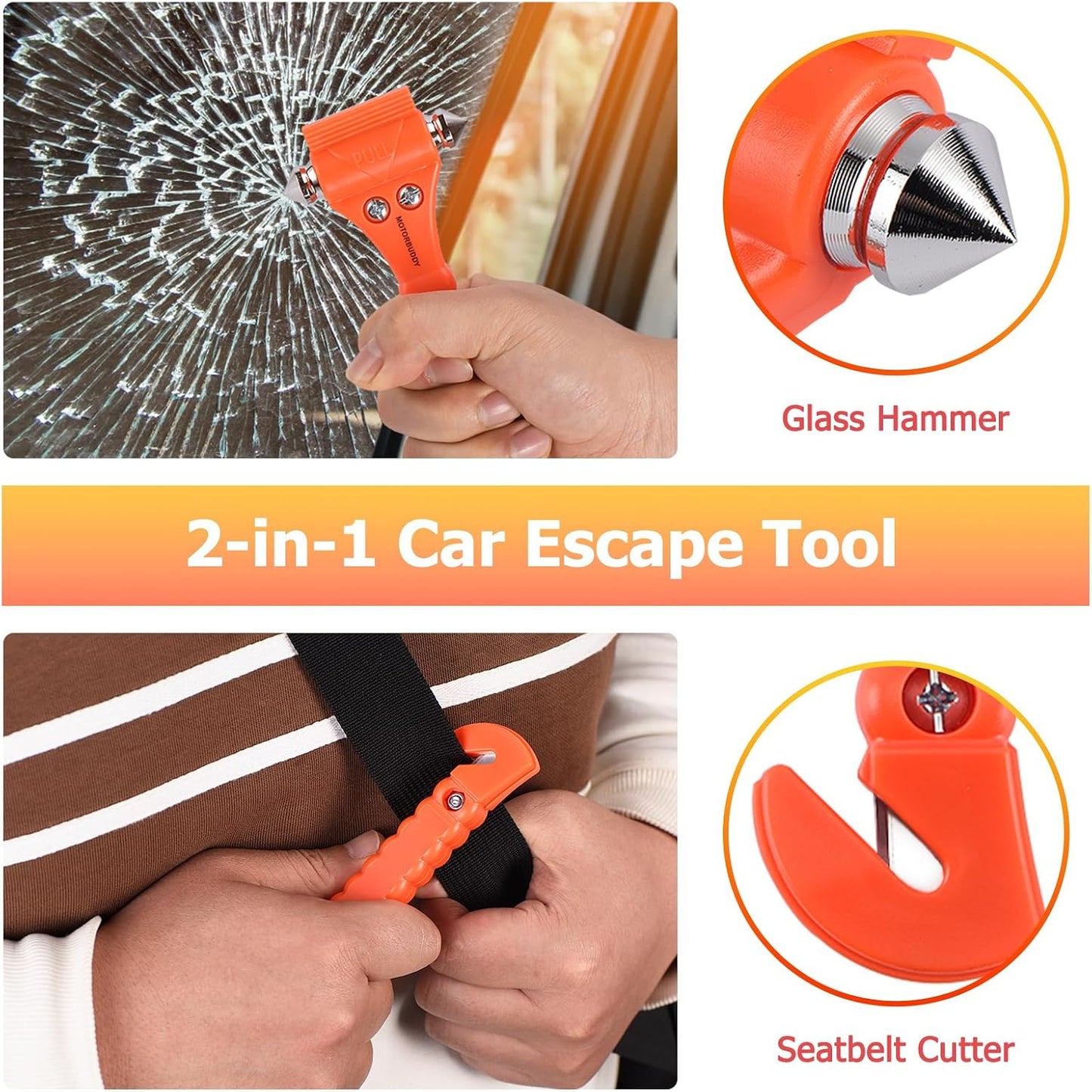 MOTORBUDDY 2-Pack Car Safety Hammer Seatbelt Cutter, Auto Emergency Escape Hammer with Window Glass Breaker and Seat Belt Cutter, Escape Tool for Car Accidents