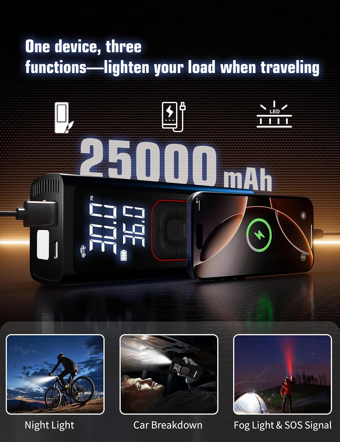 Tire Inflator Portable Air Compressor, 3X Faster 25000mAh 160 PSI Air Pump for Car Tires- Cordless, with Pressure Gauge, LED Light & Digital Display, for Car, Pickup, Truck, Motor, E-Bike and Bicycle