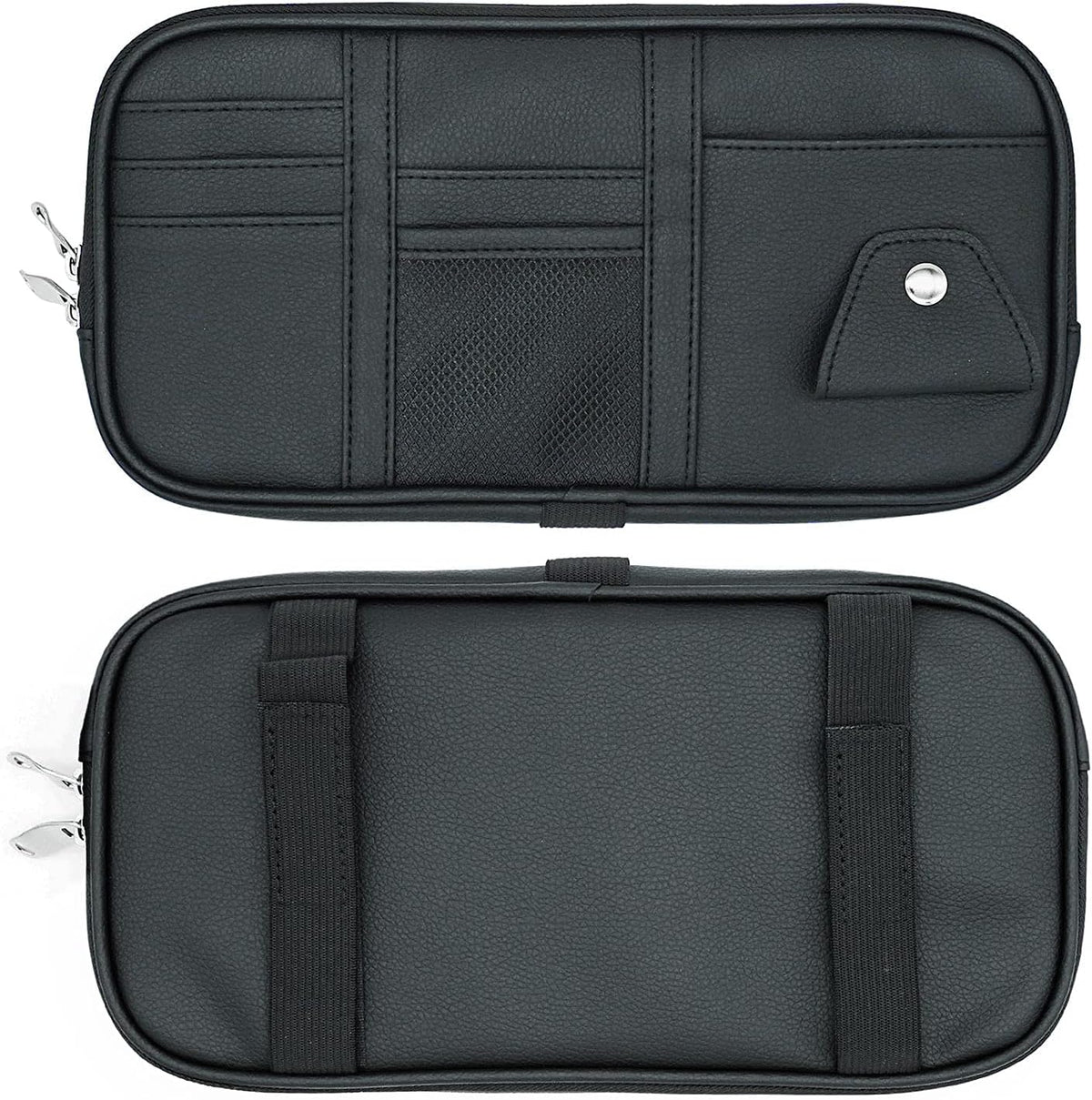 Da by Car Visor Organier Truck SUV Sun Visor Storage Pocket PU Leather Pouch Holder with Multi-Pocket Double Zipper Net Pocket, for Cards Pens Sunglasses Document (Black)