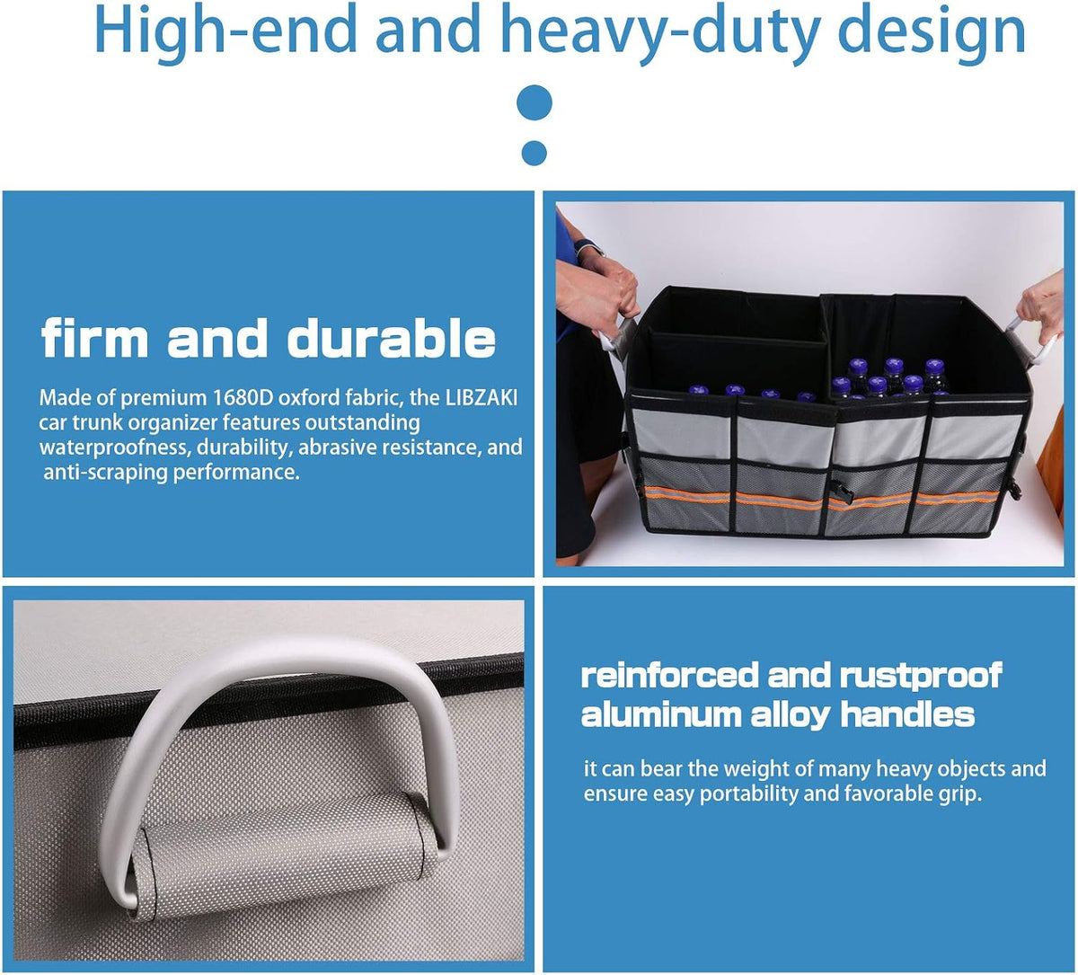 Trunk Organizer, LIBZAKI Cargo Organizer, Premium Multi Compartments Collapsible Portable Trunk Storage for auto, SUV, Truck, Minivan -Grey
