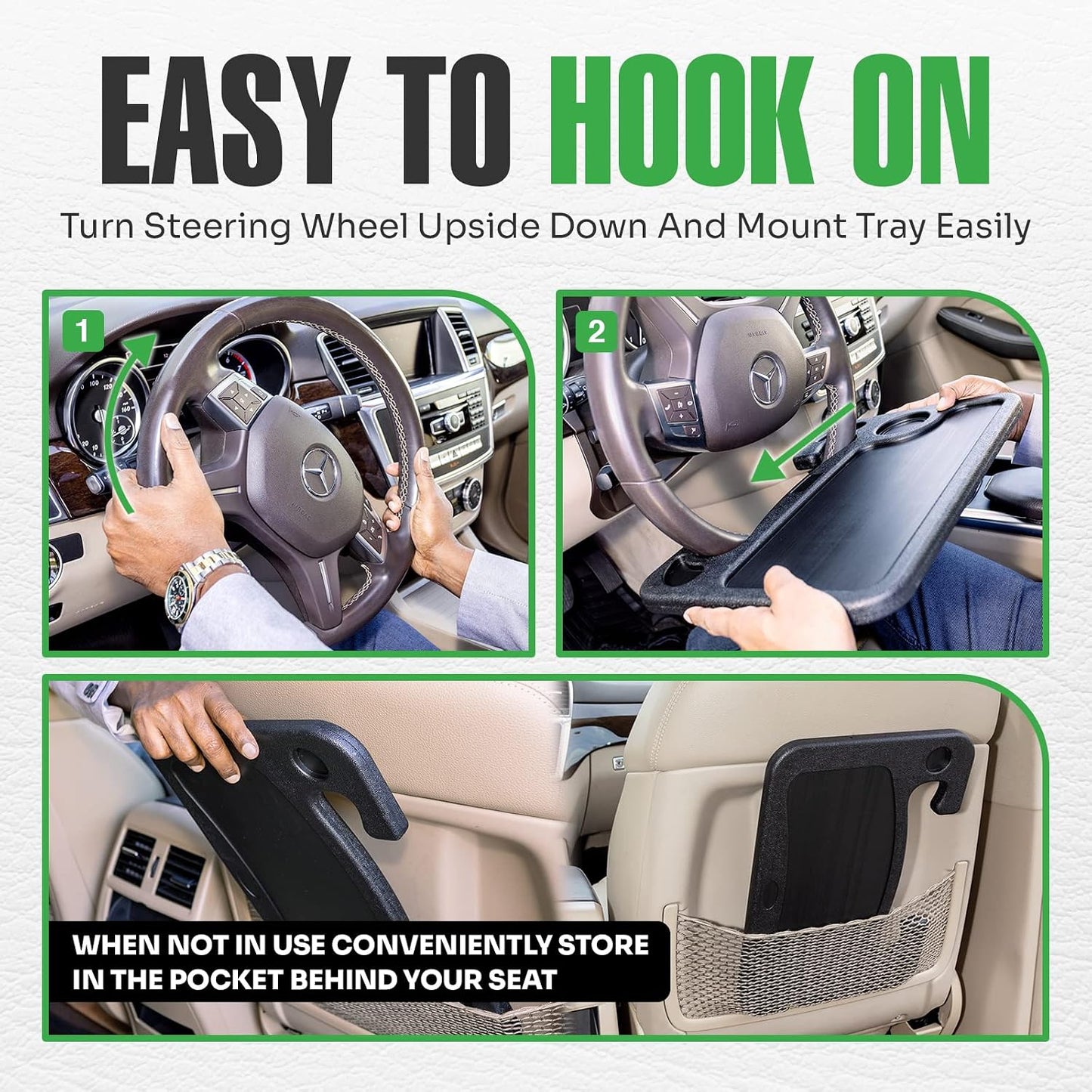 lebogner Steering Wheel Tray, Car Tray for Eating, Hook On Steering Wheel Desk for Food, Laptop and Car Accessories, Car Road Trip Must Haves Gadgets Car Table (Beige, with Tablet Slot)