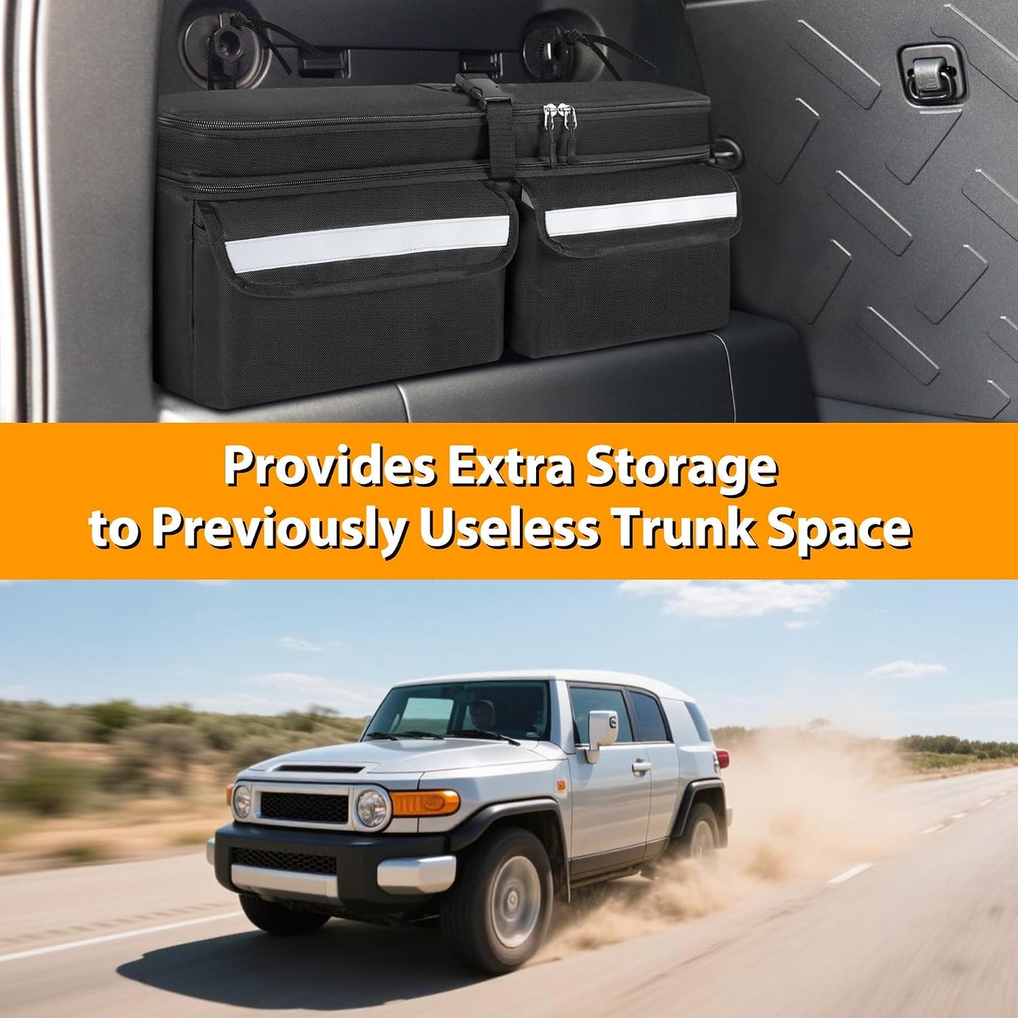 GRAOSO Car Trunk Organizer Compatible With Toyota FJ Cruiser 2007-2021, Multifunctional Car Storage Box with Lid, Double Layer Bag with 3 Wide Hook & Loop Tapes, Both Side with Straps to Fix, Black
