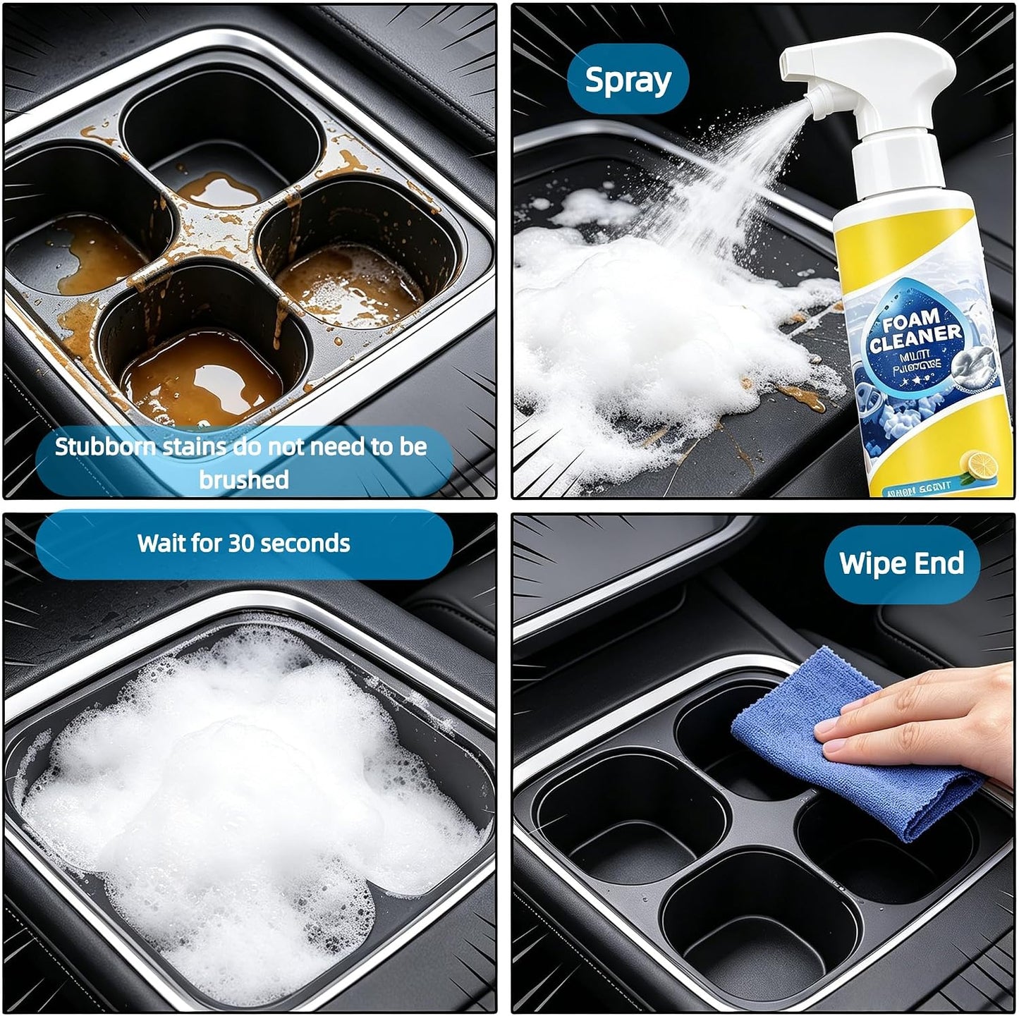 4-in-1 Multi-Enzyme Foam Cleaner, New Foam No-Rinse Cleaner, All Purpose Deep Cleaning Spray for Car Interior Kitchen Bathroom Sofa with Cleaning Sponge Towel(Regular, 2pcs)