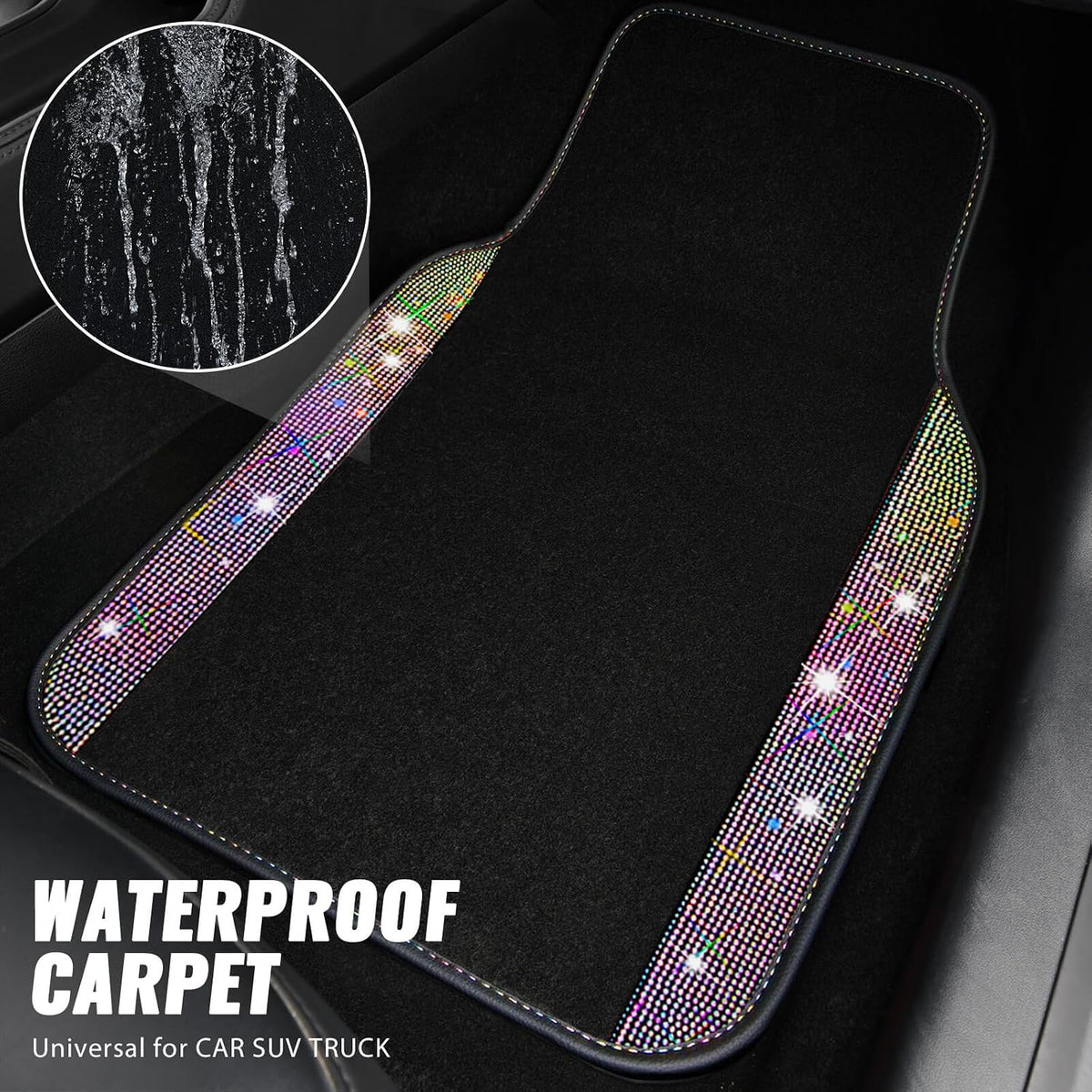 CAR PASS Bling Diamond Leather Steering Wheel Cover 14.5in-15in Floor Mats Shining Rhinestone Carpet Sparkly Glitter Crystal Anti-Slip Pad Fit Automotive SUV Pickup Truck Girl Women, 5pcs Multicolor