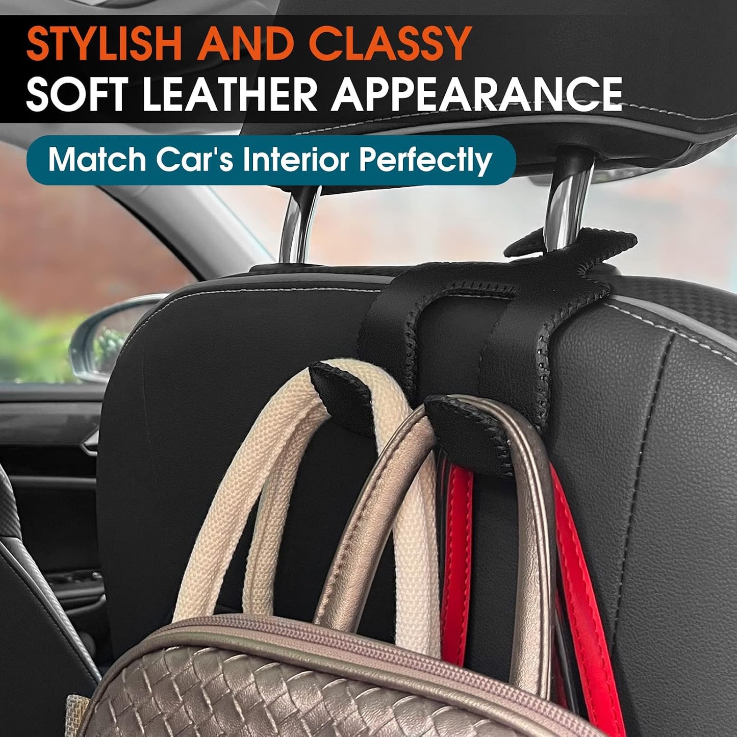 2 in 1 Car Headrest Hooks for Purses and Bags, Upgraded Leather Organizer Storage Holder Hooks Matching Cars Interior, 1-Pack, Gray