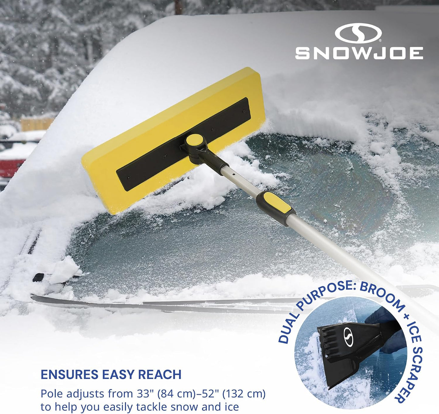 Snow Joe 2-in-1 Telescoping Snow Broom and Ice Scraper with 18-Inch Non-Scratch Foam Head - Car Cleaning Tool with Long Extendable Handle for Windshield, Roof, Truck, and SUV, SJBLZD-PRX