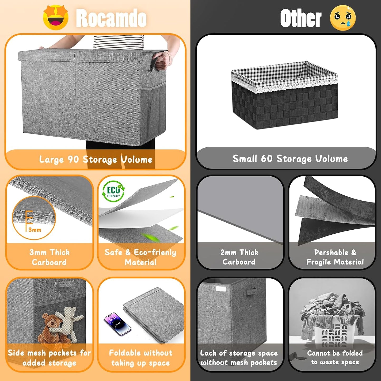 Rocamdo Large Toy Storage Box with Lid Divider, Sturdy Collapsible Toys Organizer Chest Kids Storage Bins Boxes Baskets for Boys, Girls, Nursery, Bedroom, Living Room, Playroom, 25"x13"x16", Gray