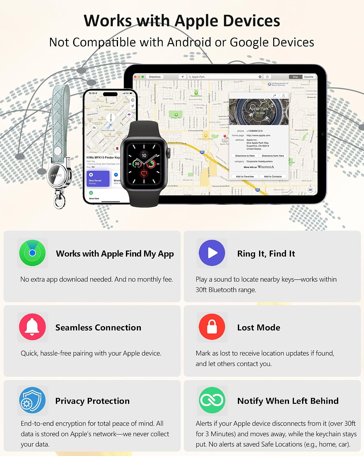 HiWe Anti-Lost Keychain, Works with Apple Find My, Carabiner Car Key Holder with Texture Leather Strap, Bluetooth Key Finder Tracker, USB-C Rechargeable, Green