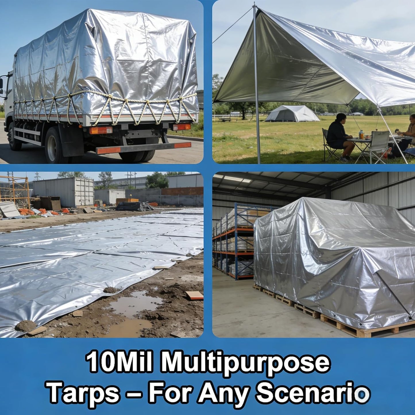 10'x12' Heavy Duty Waterproof Tarp 10Mil Thick,Reinforced Corners, Rustproof Aluminum Grommets Every 3 FT - Multi-Use Outdoor Cover for Camping, Truck, Pool, Boat-Silver