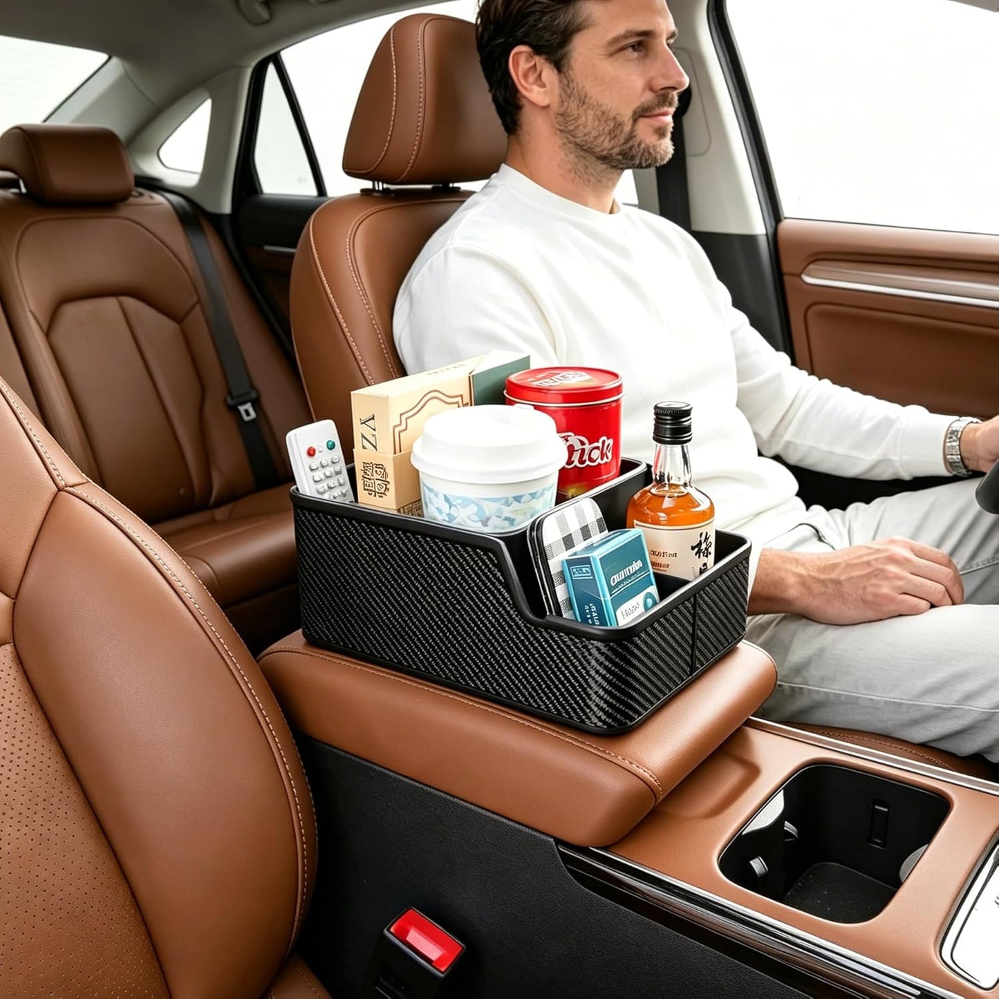 Car Front Seat Organizer with Compartment,Center Console Organizer,Car Armrest Storage Box,Back Seat Cup Holder Tray,Between Seat Small Caddy with Phone Holder for Truck,SUV,Van (Black)