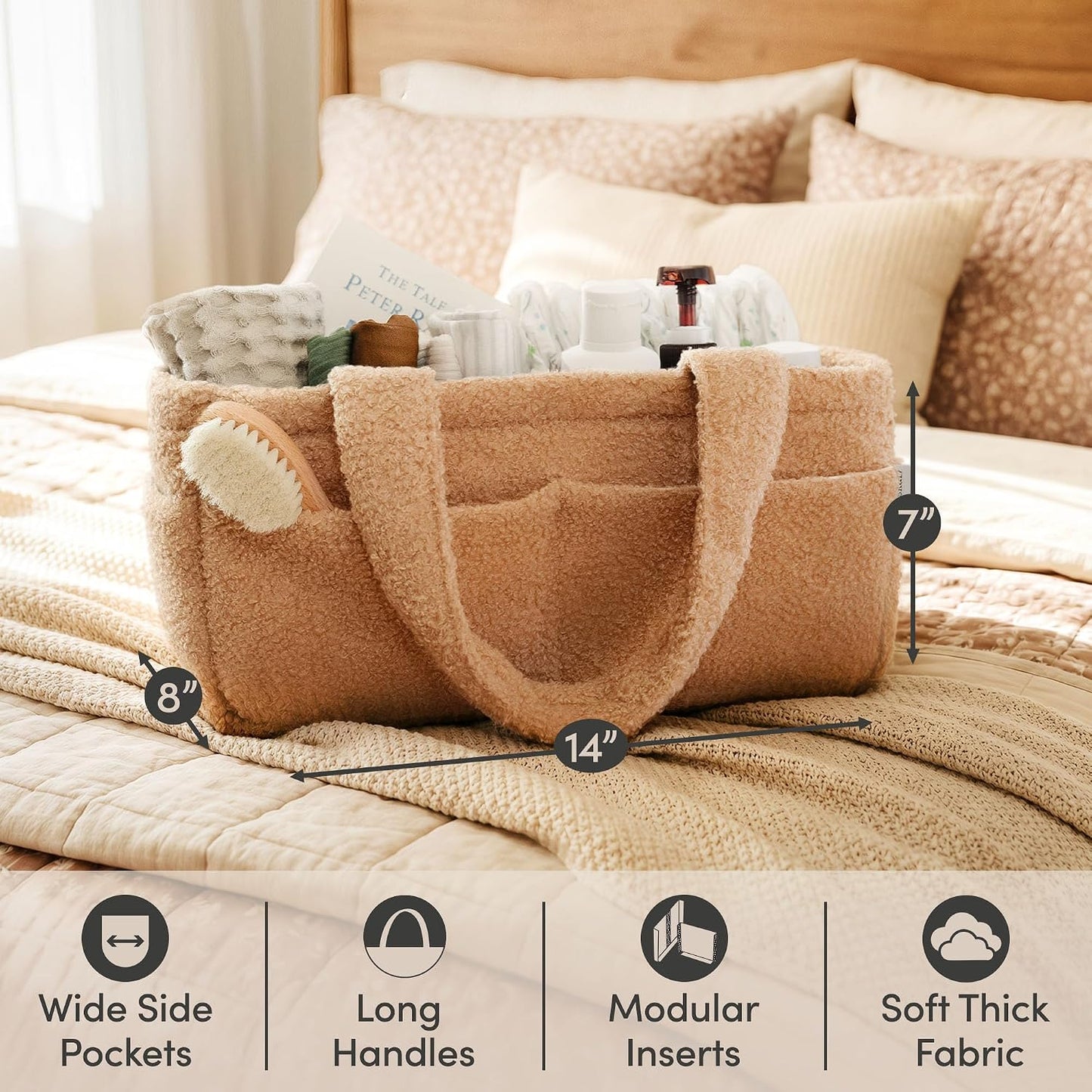PUTSKA Baby Diaper Caddy Organizer for Changing Table – Stylish Nursery Storage Basket, Newborn Essentials, Baby Shower Gifts and Registry Must-Haves for Boy or Girl, Car Diaper Caddy, Fleece Mocha