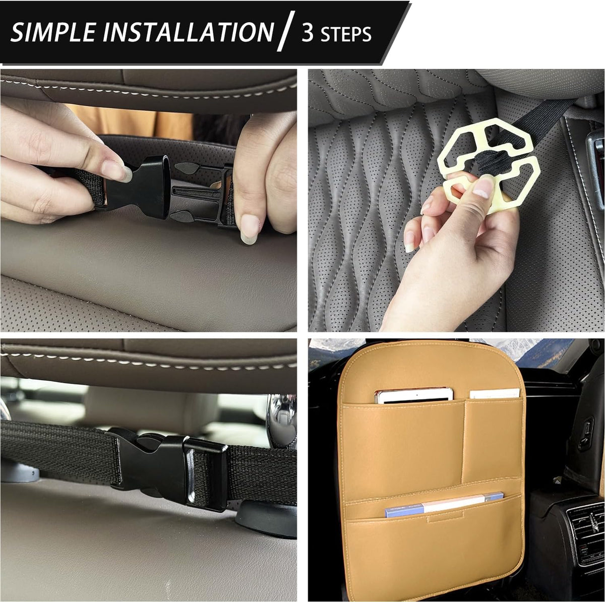 Kick Mat Back Seat Protector， Waterproof Leather Car Seat Back Organizers Cover with 3 Storage Pockets for Kids Pets SUV Sedan Minivan Truck Car Travel Accessories (Cayenne Yellow 2-pack)