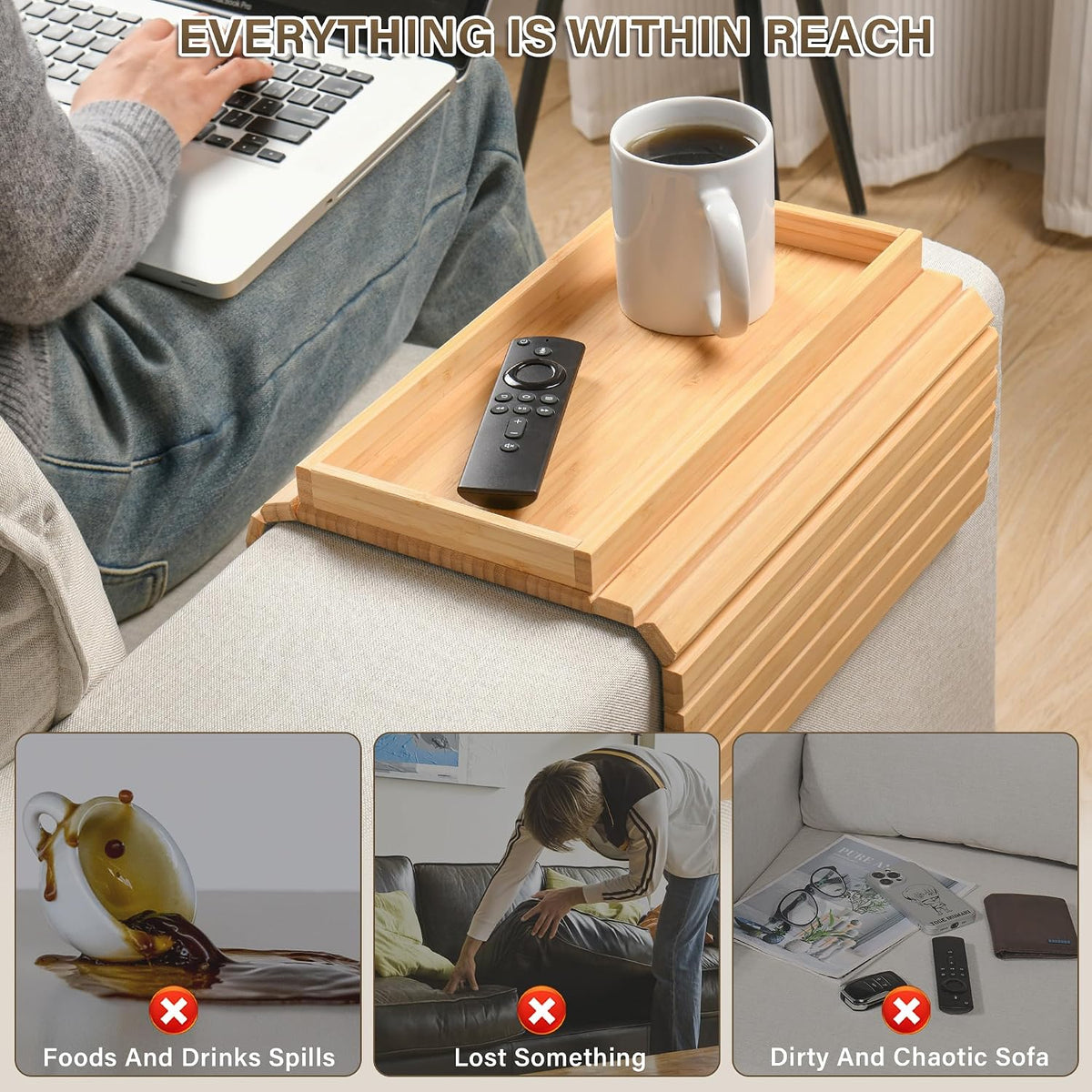 Bamboo Sofa Arm Tray, Anti-Dropping Couch Arm Tray, Foldable Sofa Armrest Tray Couch Arm Table for Eats, Drinks, Snacks, Remote, Cellphone, Cup Holder, Back Anti-Slip Pad Design