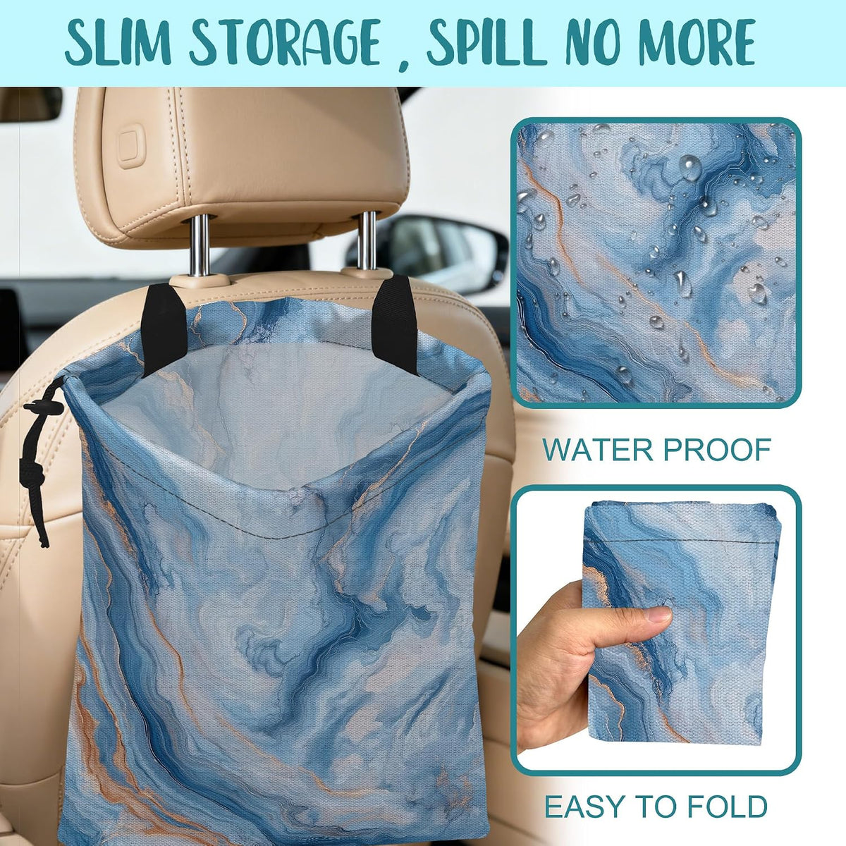 Car Garbage Bag Abstract Blue and Gold Marble Drawstring Car Trash Bag Hanging for Back Seat with Adjustable Buckle Canvas Vehicle Trash Can Easy-to-Install