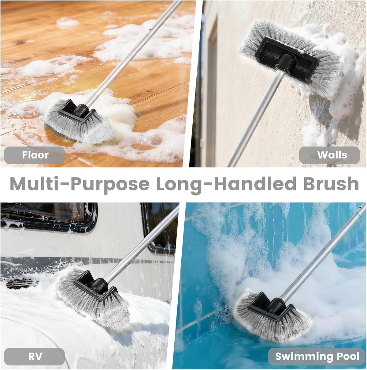 Car Wash Brush with Long Handle, 60'' Soft Bristle Cleaning Brush, Car Cleaning Brushes, Carwash Brushes for SUV, RV, Boat, Truck, House Siding, Sweep Snow, Gray