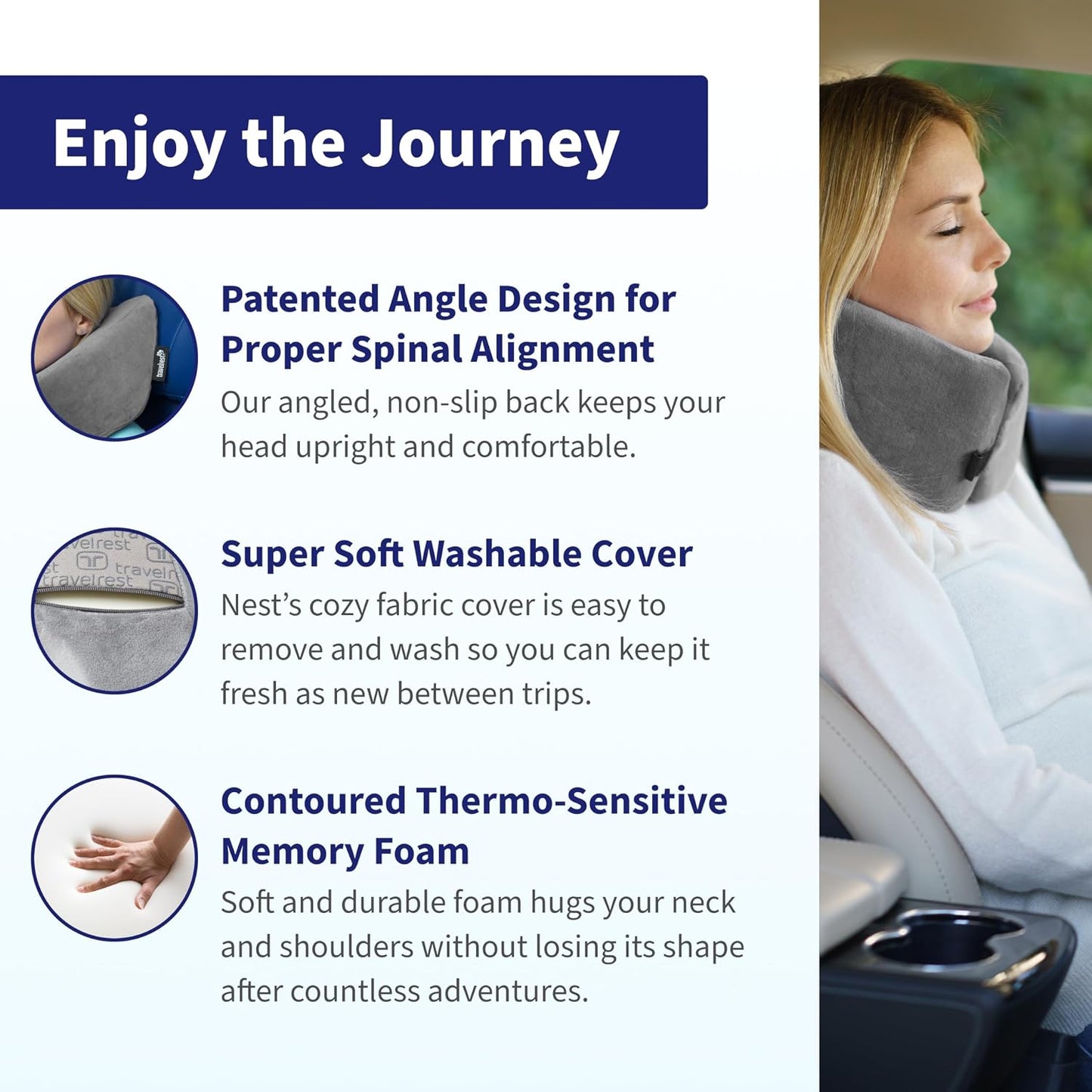 travelrest Sleep Neck Pillow Travel - Travel Essentials, Memory Foam, Neck Support Pillow for Long Flight, Plane Sleeping Accessories, Anti-Slip and Comfortable, Washable, Attaches to Luggage - Gray