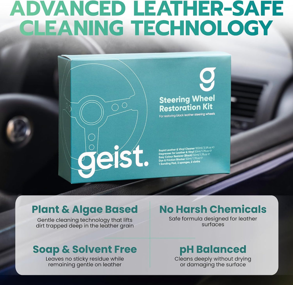 Geist. Steering Wheel Restoration Kit | Degrease and Refresh the colour of worn or scratched black steering wheels