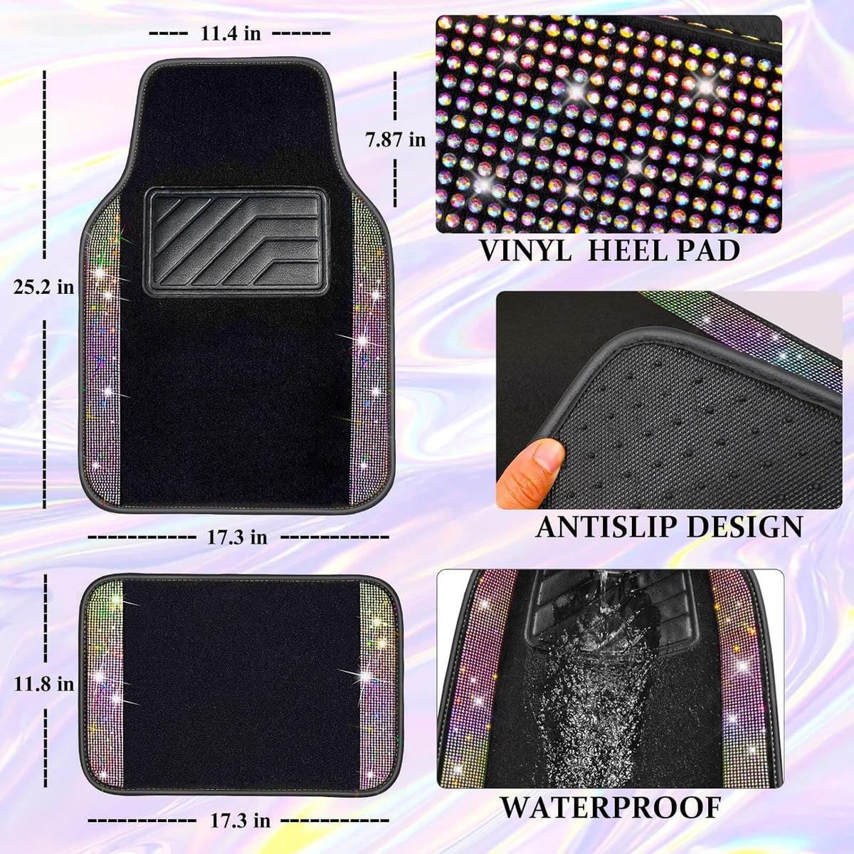 CAR PASS Bling Diamond Leather Steering Wheel Cover 14.5in-15in Floor Mats Shining Rhinestone Carpet Sparkly Glitter Crystal Anti-Slip Pad Fit Automotive SUV Pickup Truck Girl Women, 5pcs Multicolor