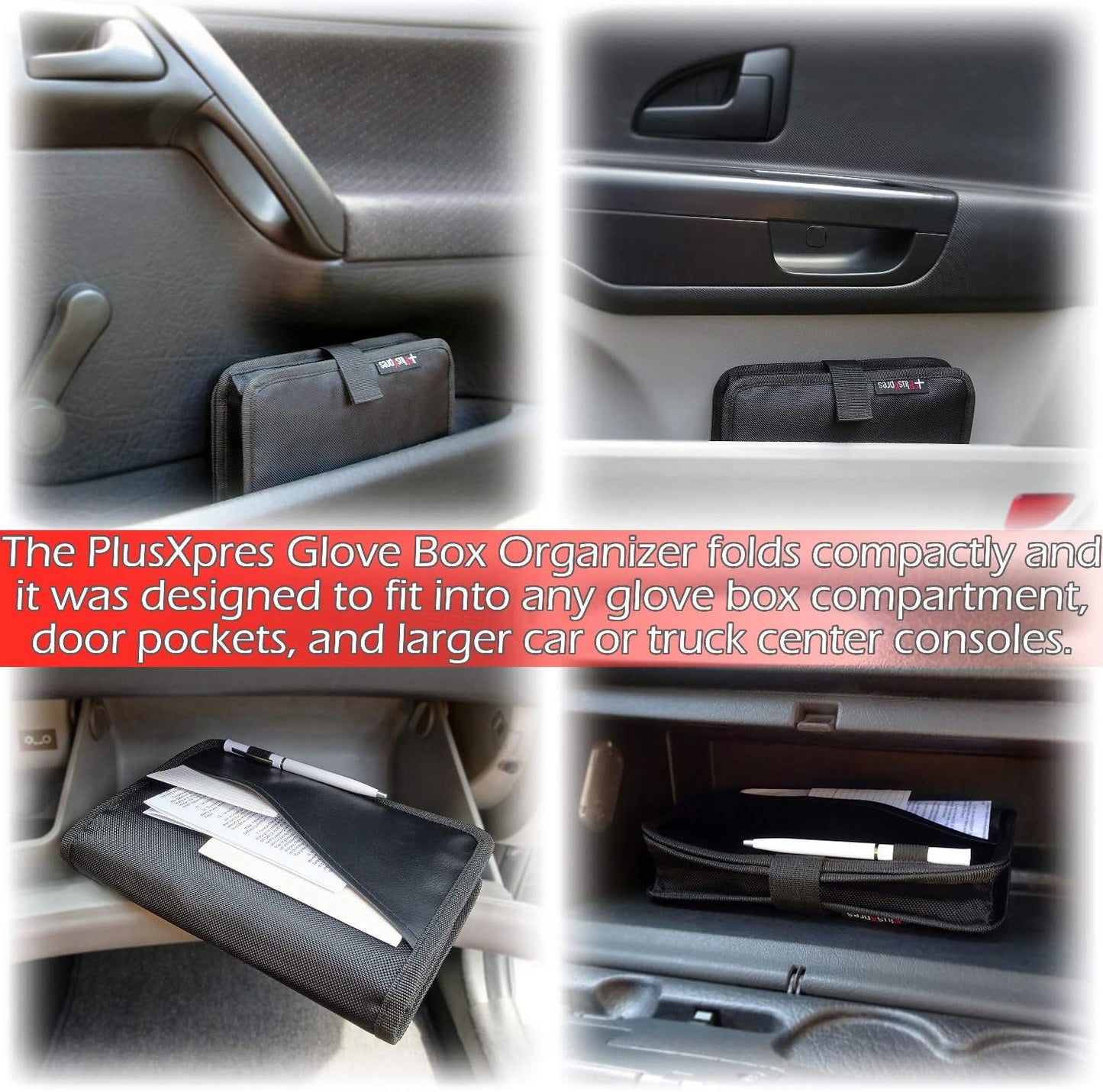 PlusXpres Glove Box Compartment Organizer - Car Document Holder - Black | Owner Manual Case Pouch, Vehicle Storage Wallet for Registration and Insurance Card, Auto Paperwork Holder, Log Book included