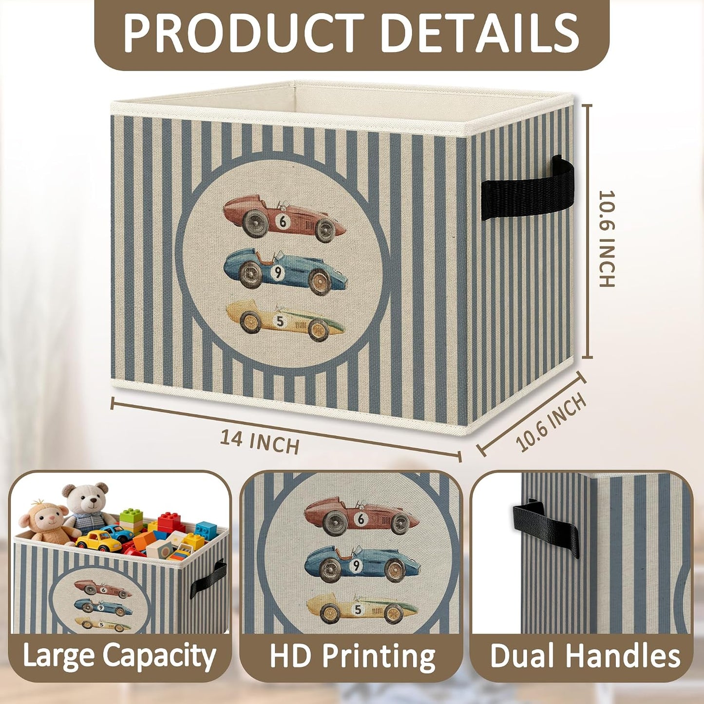 Vintage Race Car Boy Foldable Storage Bins Box with Handles, Kids Room Decor for Boys, Striped Car Vehicle Collapsible Organizer Basket for Kids Nursery Room Bedroom Playroom Toys Books