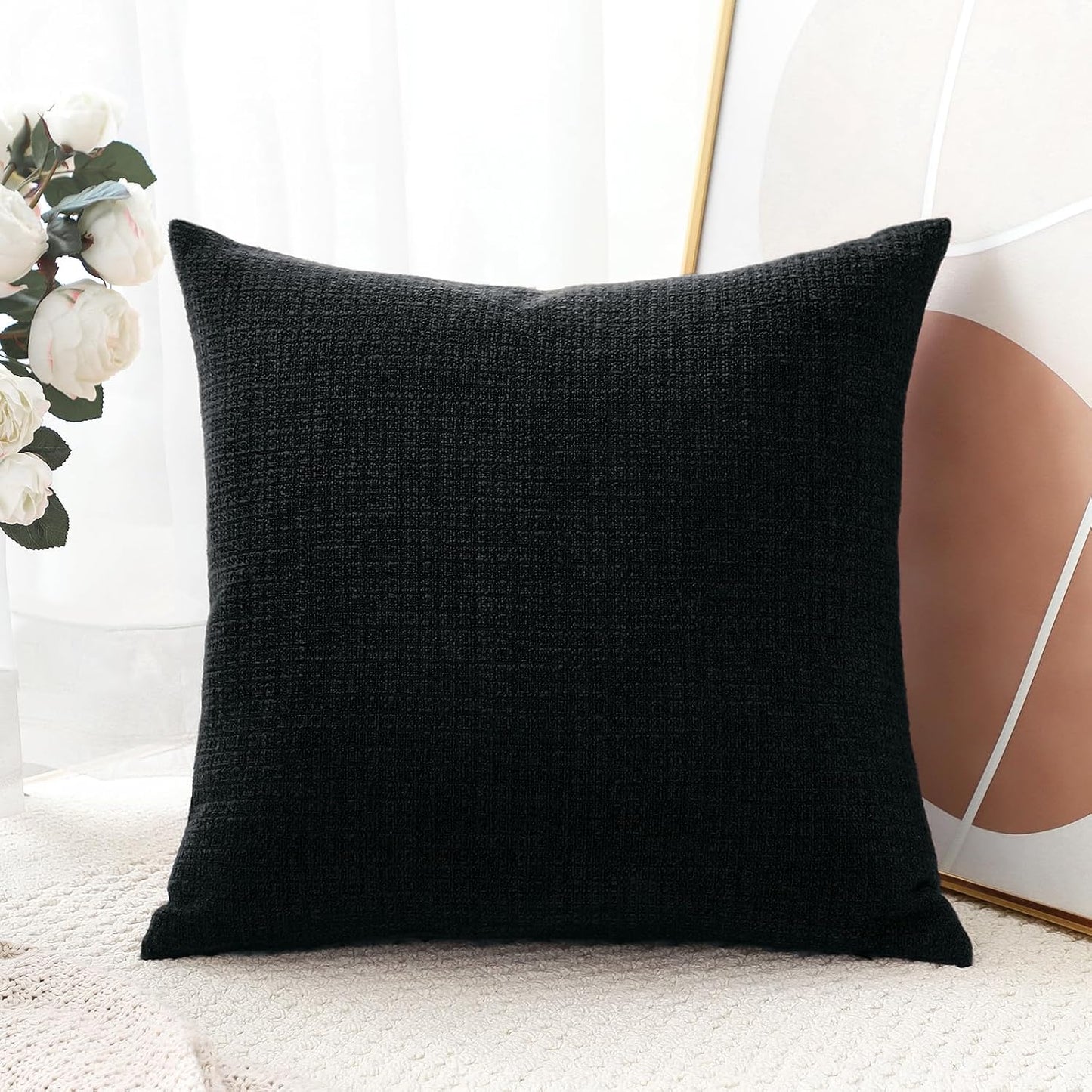 OTOSTAR Linen Throw Pillow Cover Set of 1 Decorative Square Pillowcases Cushion Covers 24x24 Inch for Home Decor Sofa Bedroom Car 60 x 60CM Black