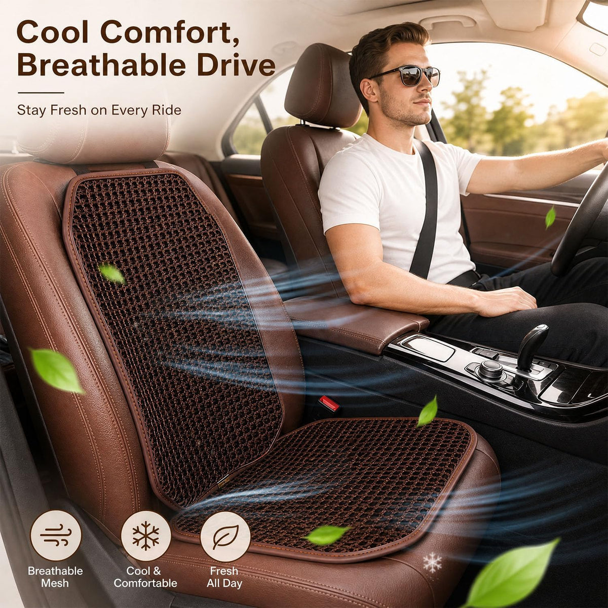 Cooling&Breathable 3D Air Mesh Car Seat Cushion for Summer, Universal Ventilated Comfortable Seat Pad, Suitable for Sedans,Vans,Pickup,Trucks,Suvs (Brown-1PcsBackCushion+1PcsSeatPad)