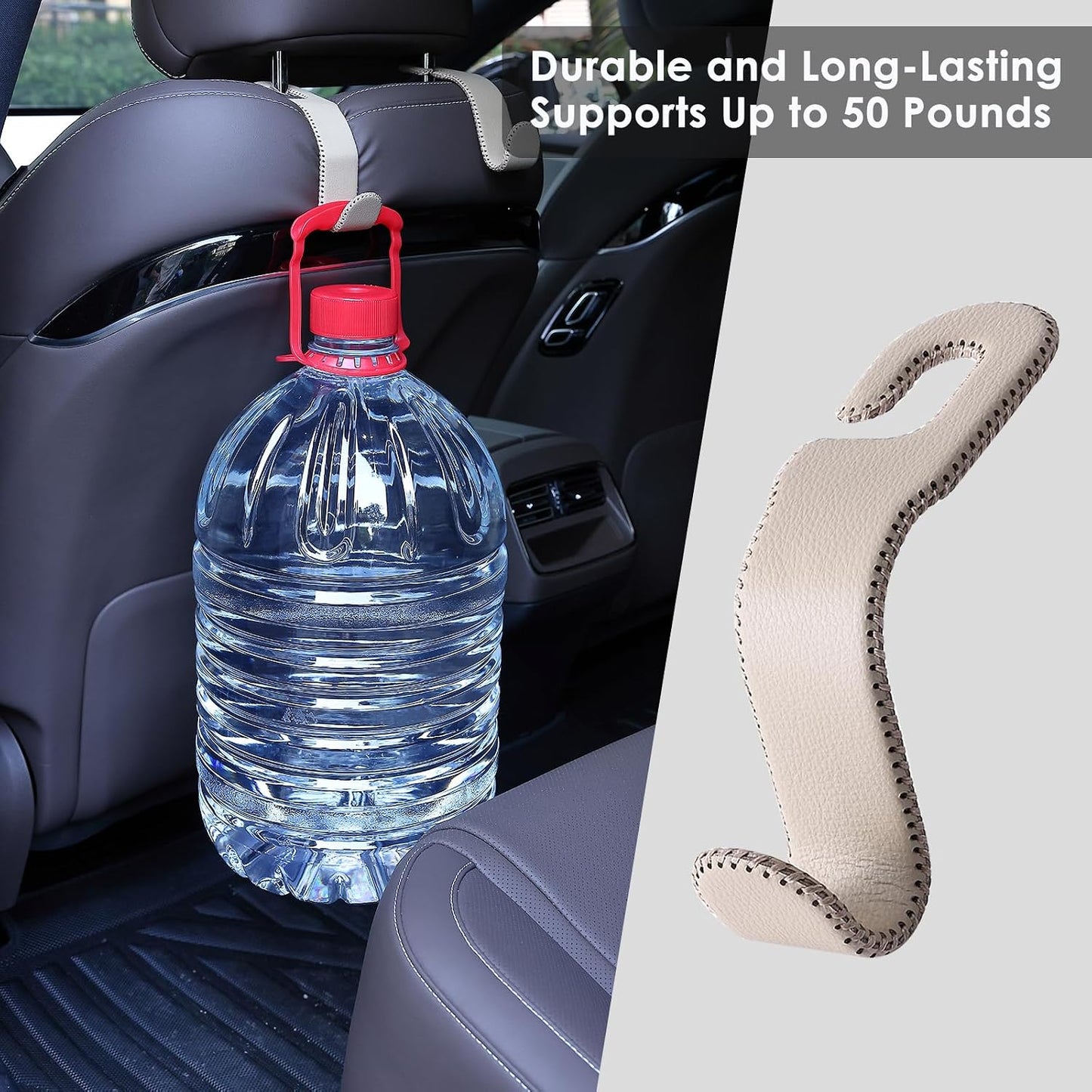 AMVOYOA Leather Car Hooks for Headrest - Fully Leather-Wrapped U-Shaped Purse Holder for Car, Flexible Seat Back Organizer & Durable Car Accessories for Purses, Bags, Coats & More (Beige, 2 Pack)