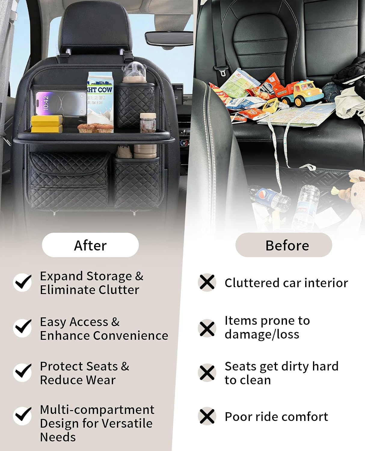 PU Leather Backseat Car Organizer with Foldable Tray & Tablet Holder, Luxury Diamond Stitching Design, Universal Car Seat Storage Organizer for Kids & Family Travel Accessories, Black