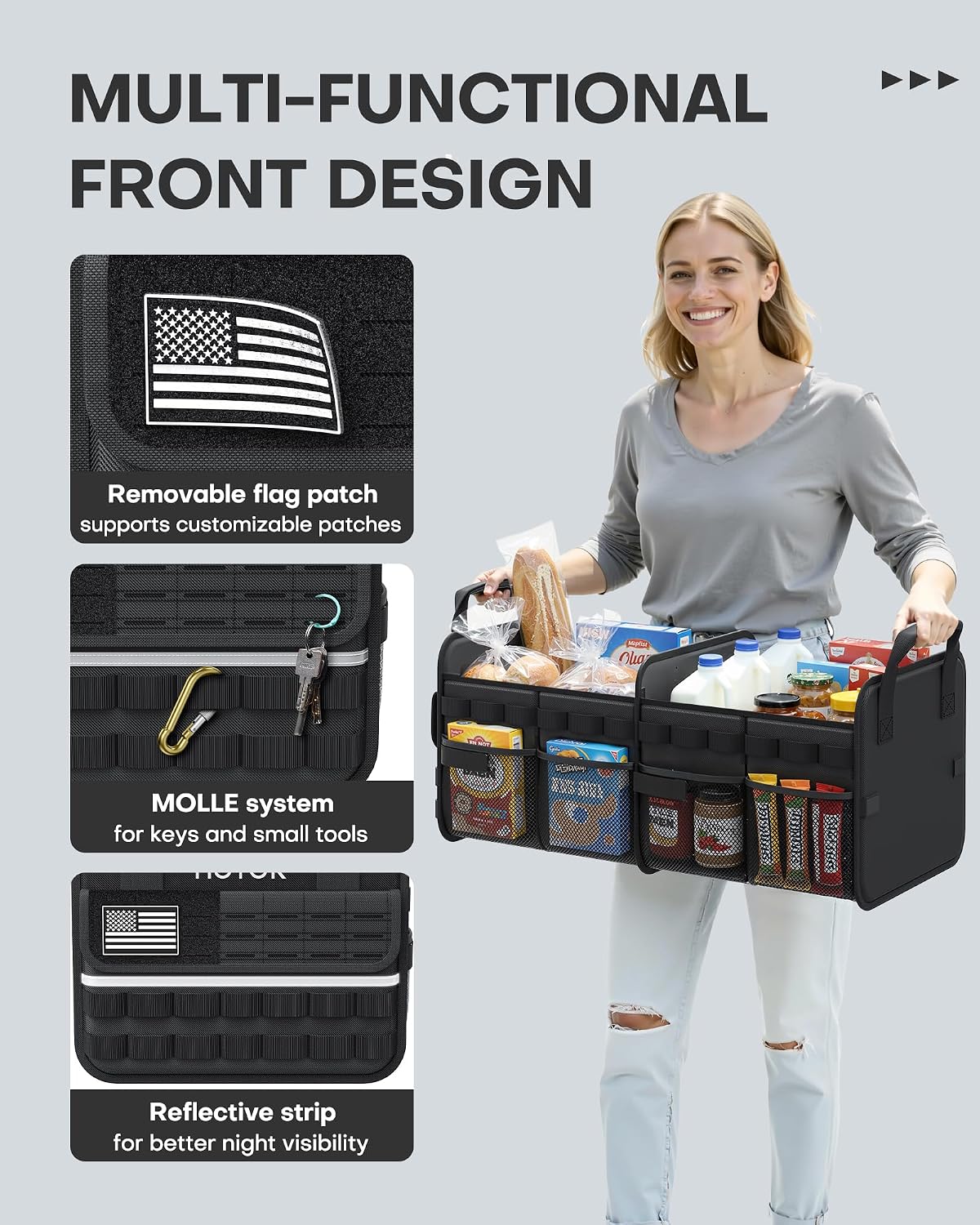 HOTOR Tactical Car Trunk Organizer - Foldable Trunk Organizer for SUV with Front MOLLE Pocket & Reflective Strips, Essential Car Accessories for Tools & Outdoor Storage, 12.8" x 21.7" x 11.0", Black
