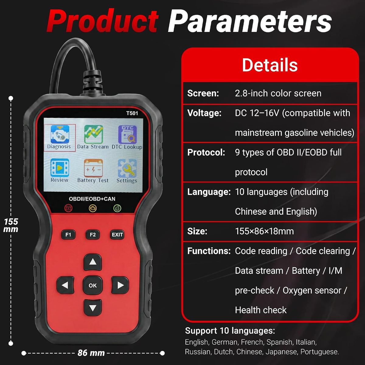 T501 OBD2 Scanner with Battery Tester, Check Engine Fault Code Reader