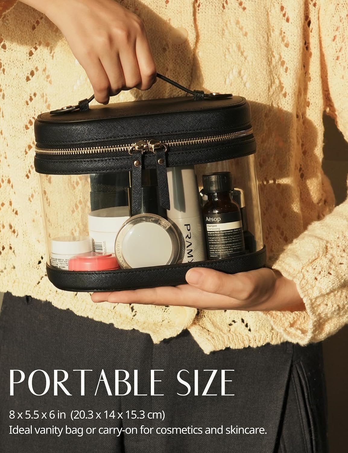 Popvibe Travel Makeup Bag Clear Compact Make Up Vanity Case with Brush Storage and Top Handle, Toiletry Makeup Case Traveling Leather Cosmetic Bag, Portable Medium Large Sized Train Case, Black