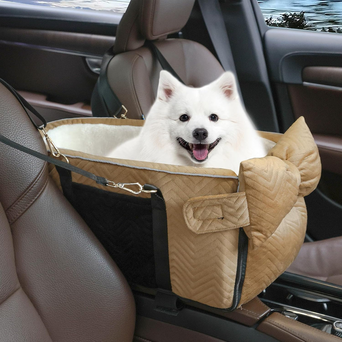 Dog Car Seat for Small Dogs Adjustable Portable Center Console Dog Car Seat Removable Cat Booster Cars Seats - Safety Belt with Cushion Anti-Collapse for Puppy Kitten Up to 15 Lb