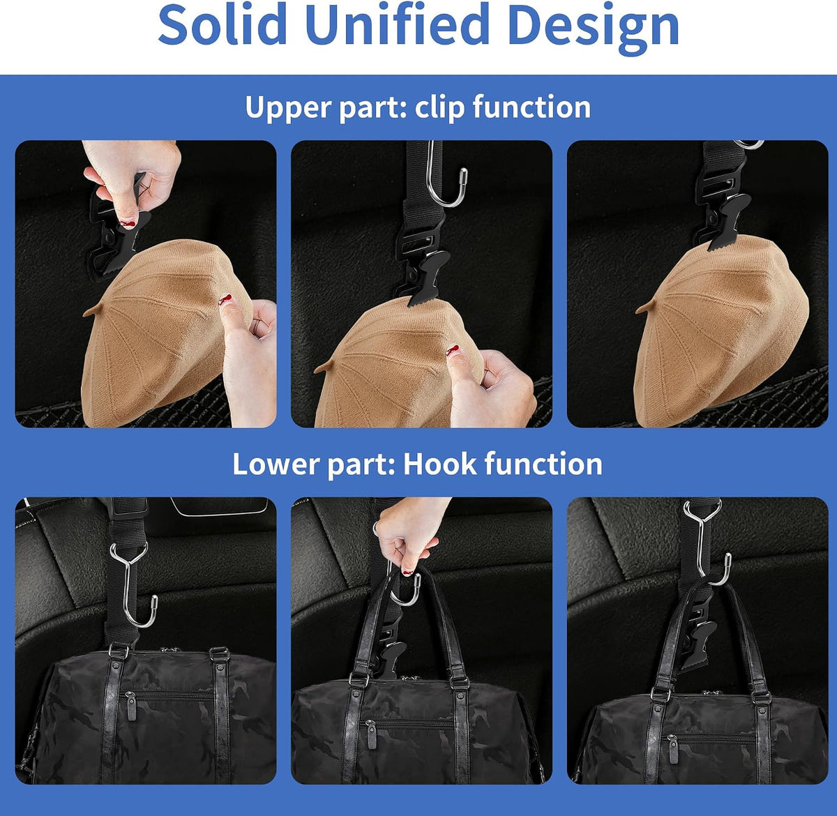 Purse Hook for Car, Adjustable Headrest Hooks & Hat Clip (4 Pack)
