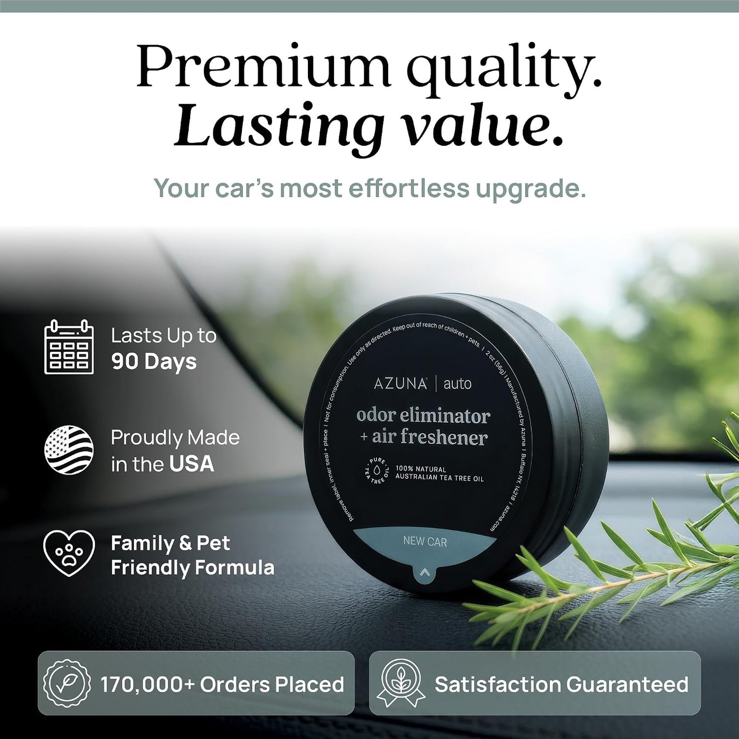 Azuna Car Air Freshener & Auto Odor Eliminator Pods Trio | New Car Scent | Plant Powered by 100% Australian Tea Tree Oil | Long Lasting and No harsh chemicals | Made in USA | 3 Pack of 2oz Pods