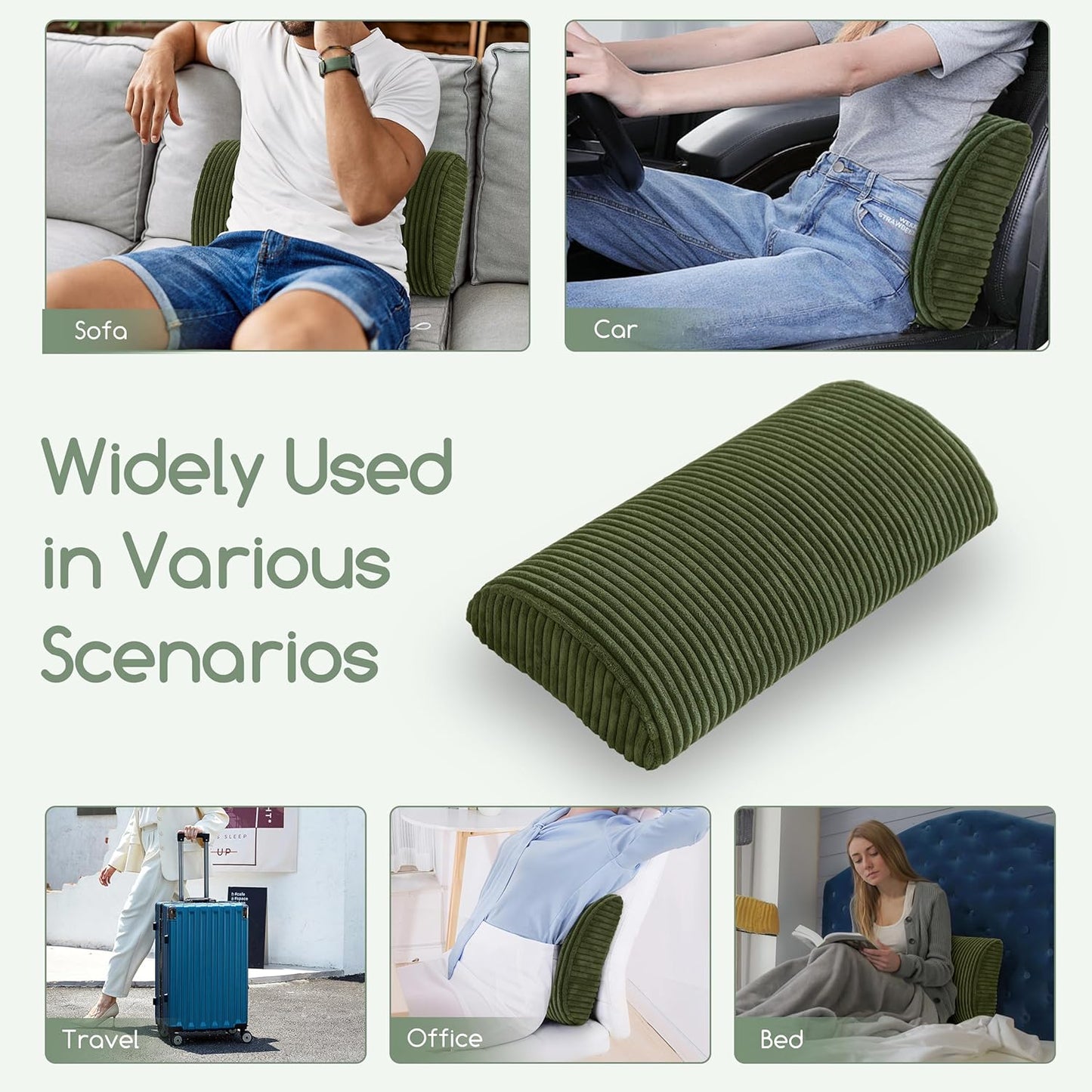 HIGOGOGO Lumbar Support Pillow for Recliner Chair/Accent Chair/Couch, Memory Foam Back Support Cushion for Elderly, Recliner Cushions for Back Rest, Pain Relief, Reading, Washable Cover, Dark Green