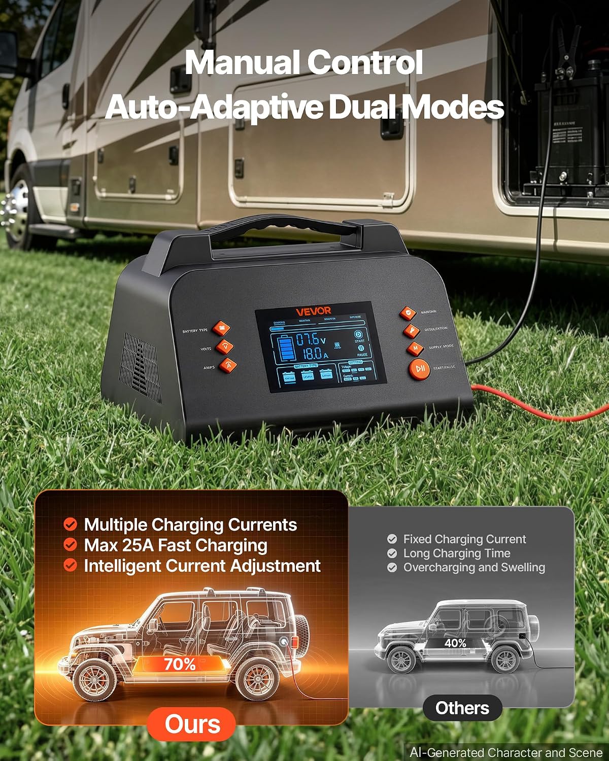 VEVOR Smart Battery Charger 25A 6V 12V 24V for Lithium LiFePO4 Lead-Acid